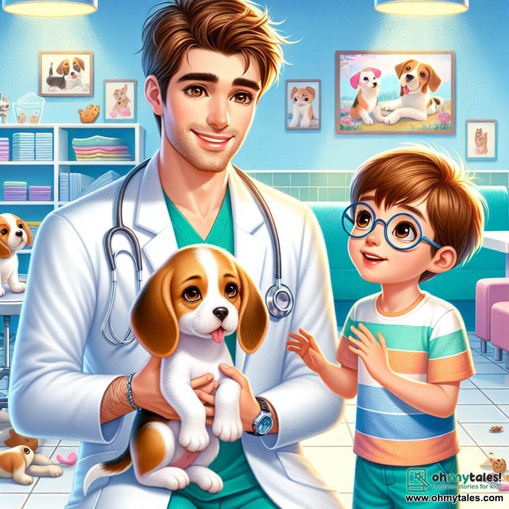 A male veterinarian, Dr. Oliver Finch, is at the center of the image, smiling warmly with excited eyes. He wears a spotless white coat, a stethoscope around his neck, and has slightly tousled brown hair. He is cuddling a small beagle puppy, whose large ears flop down on either side of its head. Next to him is Timmy, an 8-year-old boy with brown hair and round glasses, gazing at the puppy in awe. He wears a colorful t-shirt and shorts, reaching out to pet the puppy with a joyful expression. In the background, the veterinary clinic is bright and welcoming, with pastel blue walls, colorful animal posters, and a large aquarium filled with colorful fish. Pet toys are scattered on the floor, adding a playful touch to the environment. The main scene shows Dr. Finch and Timmy caring for the injured puppy, creating an atmosphere of compassion and learning, with sunlight filtering through the windows, illuminating the scene and creating a warm, friendly ambiance.