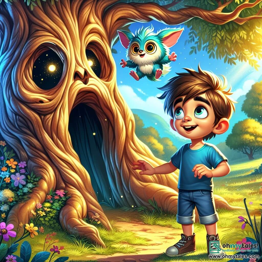 A 9-year-old boy named Leo stands at the foot of an ancient tree with a wide, gnarled trunk, his eyes shining with curiosity and wonder. He wears a blue t-shirt and denim shorts, with messy brown hair, and he gazes in fascination at a carved door in the tree trunk, ready to open it. Beside him is a small creature named Wisp, with bright blue fur and large round glasses, joyfully floating in the air. Wisp smiles, his eyes sparkling with excitement, as if eager to show Leo the magical world behind the door. The setting is a lush green meadow bathed in golden light, with colorful flowers dancing in the breeze. The majestic tree, its leaves shining like emeralds, stands at the center, creating an atmosphere of mystery and adventure. The main scene shows Leo, a mix of excitement and apprehension, ready to open the tree's door, while Wisp encourages him with a warm smile, promising extraordinary discoveries in the fantasy world that awaits them.