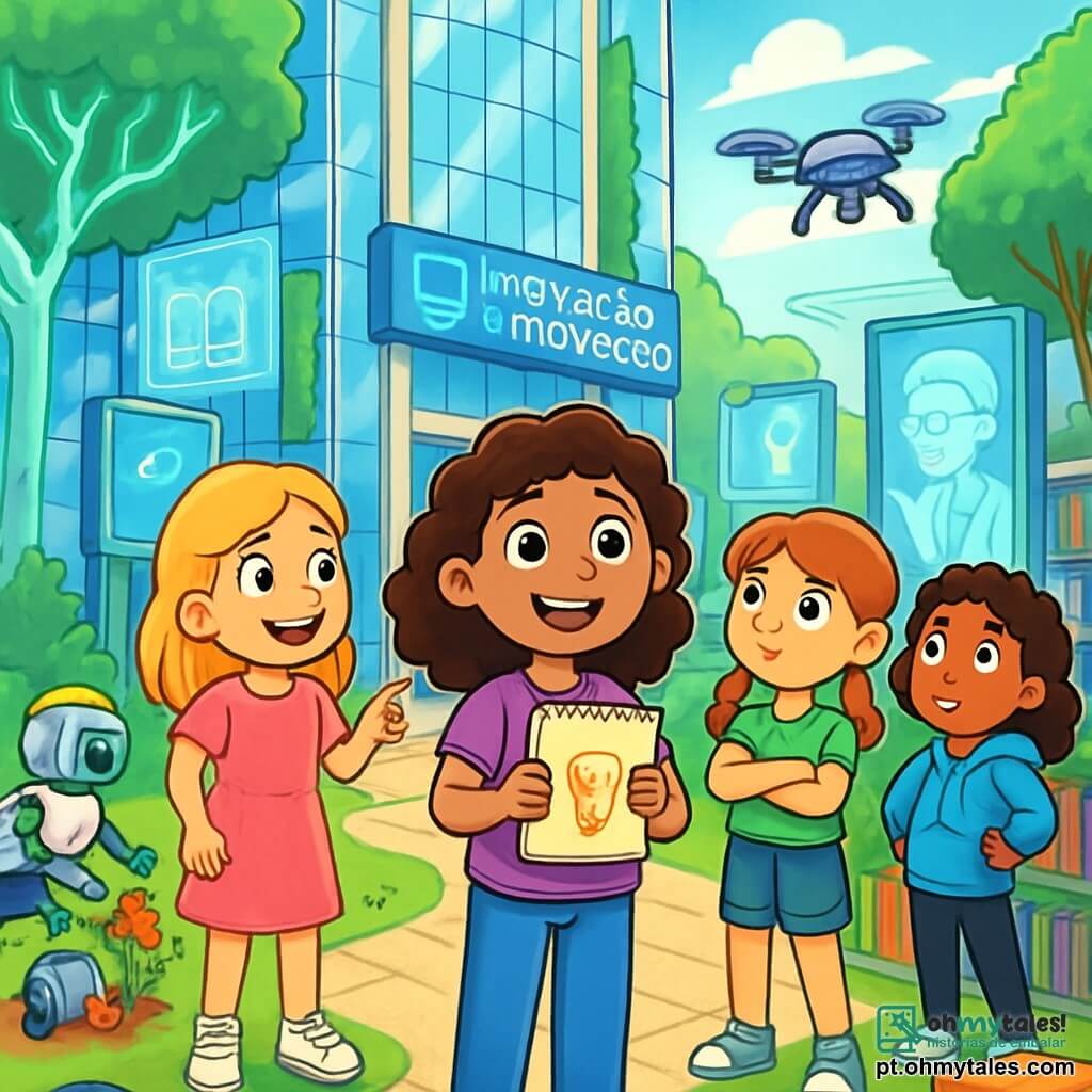 Há 4 crianças: - Maya: uma menina de 10 anos com cabelos castanhos e cacheados, vestindo uma camiseta roxa e calças jeans. Ela está em pé no centro, segurando um caderno de esboços, com os olhos brilhando de excitação. - Lia: uma menina de 10 anos com cabelos loiros e lisos, vestida com um vestido rosa e tênis brancos. Ela está à esquerda de Maya, sorrindo e apontando para um robô jardineiro que planta flores. - Zoe: uma menina de 10 anos com cabelos ruivos em tranças, vestida com uma camiseta verde e um short de denim. Ela está à direita de Maya, com os braços cruzados, observando um drone que sobrevoa a cena com curiosidade. - Júlia: uma menina de 10 anos com cabelos negros e cacheados, vestindo um moletom azul e calças pretas. Ela está um pouco atrás, com as mãos na cintura, olhando com entusiasmo para um holograma de um professor flutuando à frente delas. O local da situação principal é a Biblioteca da Inovação, uma enorme torre de vidro cintilante cercada por jardins verticais luxuriantes. Árvores tecnológicas com folhas luminosas filtram a luz do sol, enquanto hologramas flutuam ao redor, projetando imagens de livros e invenções. As paredes da biblioteca estão cobertas de telas interativas, e robôs se movem suavemente, ajudando os visitantes a encontrar livros. A situação principal da história mostra os quatro amigos participando de um jogo interativo na biblioteca, resolvendo enigmas enquanto descobrem fatos fascinantes sobre tecnologia. Elas estão cercadas por livros coloridos e telas brilhantes, com expressões de alegria e concentração em seus rostos.