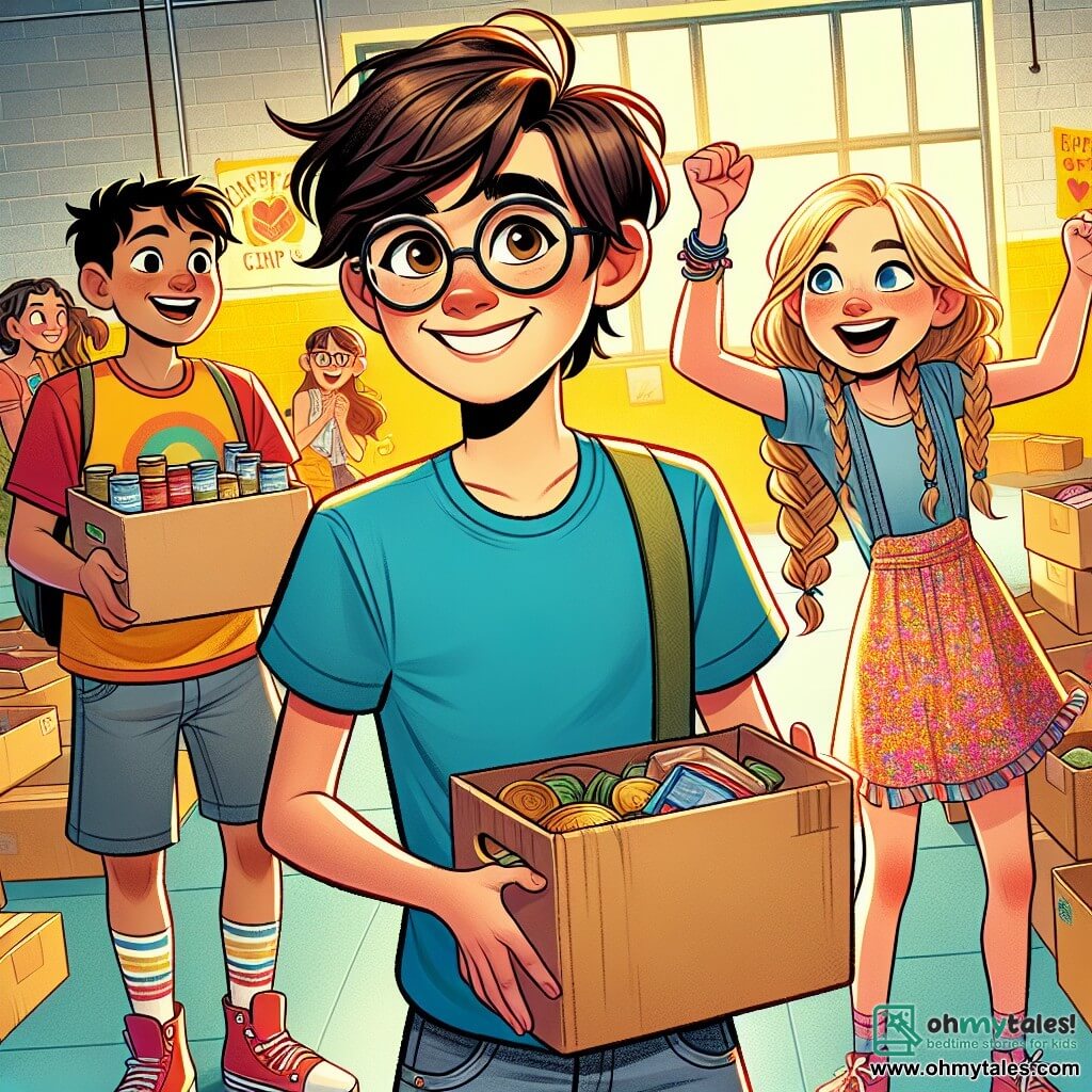A 12-year-old boy named Adam, with messy brown hair and round glasses, stands in the center of the image, displaying a big smile of excitement and determination. He wears a bright blue t-shirt and denim shorts, holding a cardboard box filled with food, symbolizing his commitment to helping others. Next to him is a 12-year-old girl, Sarah, with long braided blonde hair, looking at Adam with admiration while also holding a box full of food. She wears a colorful floral dress and sandals, standing slightly back but ready to assist. A 12-year-old boy, Ben, with black hair and glasses, stands a bit further away, smiling and raising his arms as if encouraging his friends. He wears a red t-shirt and gray shorts, showing his enthusiasm for their project. The scene takes place in a bright school gym with yellow-painted walls and colorful posters about solidarity and mutual aid. Cardboard boxes overflowing with food are scattered around them, creating an atmosphere of camaraderie and commitment. The main situation shows Adam and his friends organizing a food drive to help those in need, surrounded by boxes of donations, with smiles on their faces, illustrating their enthusiasm and determination to make a difference in their community.
