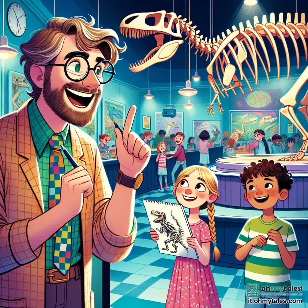 Un uomo, il maestro Marco, è al centro dell'immagine, con un grande sorriso caloroso. Ha capelli castani leggermente arruffati, occhiali tondi e indossa una camicia a quadri colorata e pantaloni beige. Sta mostrando un grande scheletro di dinosauro ai bambini, con le braccia aperte con entusiasmo. Alla sua destra, Sofia, una bambina di circa 8 anni, ha lunghi capelli biondi intrecciati e indossa un abito rosa. Guarda il dinosauro con occhi spalancati, meravigliata dalla scoperta. Alla sua sinistra, Luca, un ragazzo di 9 anni con capelli castani corti e un cappellino, tiene un taccuino da disegno e disegna rapidamente il dinosauro, concentrato e felice. La scena si svolge in un museo delle scienze, con muri luminosi decorati con manifesti colorati sui dinosauri e vetrine piene di oggetti affascinanti. Sullo sfondo, altri bambini esplorano mostre interattive, contribuendo all'atmosfera gioiosa ed educativa. La situazione principale mostra il maestro Marco che condivide la sua passione per i dinosauri con i suoi alunni, creando un momento magico di apprendimento e meraviglia.
