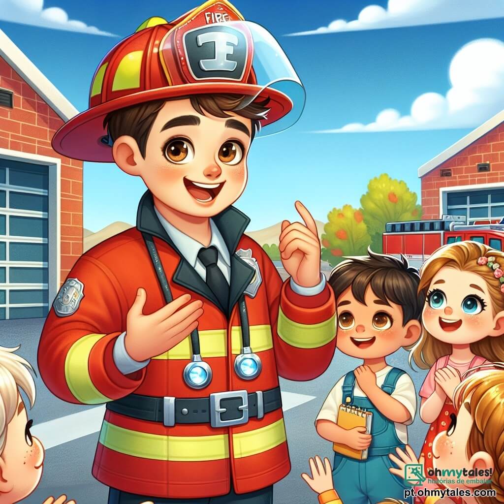 O personagem principal é um bombeiro chamado Pedro, na casa dos trinta anos, com cabelos castanhos e olhos brilhantes de alegria. Ele usa um uniforme vermelho vivo, um capacete brilhante e um grande sorriso no rosto, mostrando sua determinação e entusiasmo enquanto explica sua profissão para as crianças. Ao seu lado está Sofia, uma menina de 8 anos, com cabelos loiros trançados e óculos redondos. Ela olha para Pedro com admiração, os olhos arregalados, segurando um pequeno caderno onde anota. Um pouco mais longe, Lucas, um menino de 9 anos, com cabelos castanhos e sardas, levanta a mão sorrindo, ansioso para fazer uma pergunta. A cena acontece em frente ao quartel dos bombeiros, um prédio vermelho com uma grande porta de garagem aberta, onde se podem ver caminhões de bombeiros estacionados, ferramentas e equipamentos espalhados. O céu está azul e ensolarado, com nuvens brancas flutuantes, e crianças reunidas ao redor de Pedro, fascinadas por sua história. A situação principal mostra Pedro compartilhando sua paixão pela profissão de bombeiro com as crianças, explicando a importância da ajuda mútua e da coragem, enquanto as encoraja a sonhar grande e acreditar em si mesmas.
