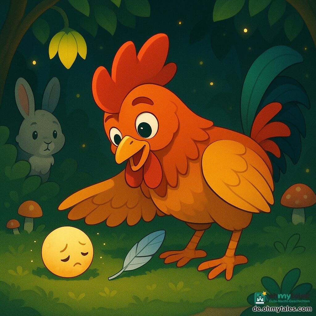 Ein Hahn namens Kuno, mutig und sanft, blickt erstaunt und zärtlich; rotes-goldenes Gefieder, kamm wie eine kleine Flamme, orange Beine, er beugt sich mit einem schützenden Flügel zum Boden; aufmerksam-gütiger Ausdruck, runde glänzende Augen, leicht offener Schnabel, hockende Haltung wie zum Flüstern. Eine kleine gefallene Stern, winzig, rund, blass und matt, mit traurigem Gesicht und schwachen Funken, liegt auf dem Moos wie eine müde Lichtkugel. Daneben eine silberne Feder, fein, glänzend mit bläulichem Metallglanz, bereit, dem Stern gegeben zu werden. Ein graues Kaninchen mit flauschigem Fell und aufrechten Ohren schaut neugierig und beruhigt aus einem Busch links, auf demselben Moospfad. Szene in einer Lichtung des Sternenwalds: dichter grüner Moosboden, Blätter wie gelb-grüne Laternen, bunte runde Pilze und schwebende Glühwürmchen. Hauptsache: der Hahn hilft dem gefallenen Stern sanft, indem er ihm die silberne Feder anbietet; sanftes Licht, warme magische Atmosphäre, Komposition zentriert auf Trio Hahn–Stern–Feder.