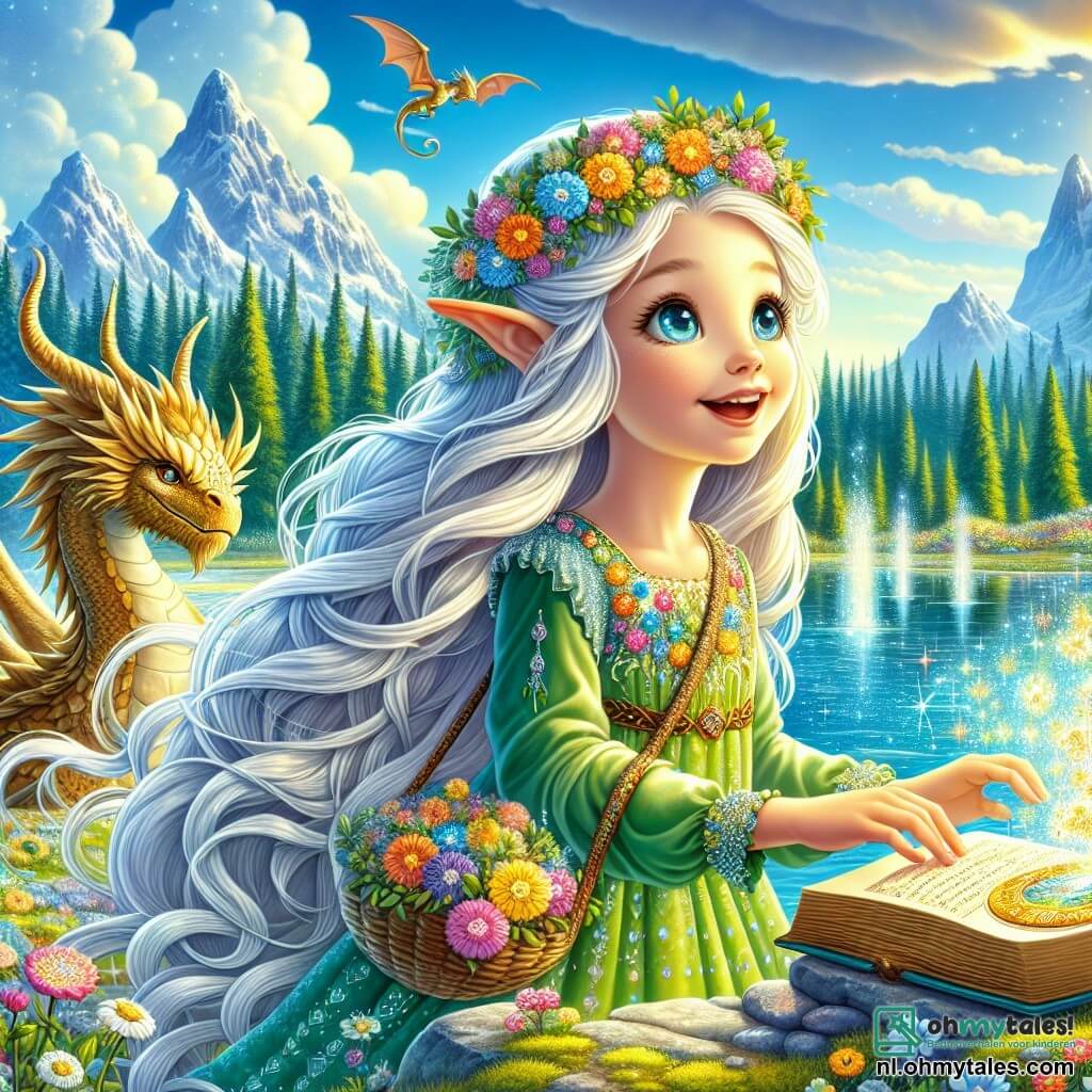 Op de voorgrond staat Elara, een jonge elf met lange, glanzende haren als zilveren draden, met een grote glimlach op haar gezicht. Haar ogen stralen van vreugde en opwinding, en ze draagt een groene jurk versierd met kleurrijke bloemen die schitteren in de zon. Ze steekt haar hand uit naar een oud artefact dat met een magisch licht straalt, geplaatst op een rots aan de oever van een meer.

Naast haar staat Drako, een grote draak met gouden schubben, majestueus. Zijn zachte en wijze ogen kijken met trots naar Elara. Hij zit op een bed van kleurrijke kussens, klaar om haar te helpen in haar zoektocht.

De omgeving is aan de oever van een kristalhelder meer, omringd door schitterende bergen en zingende bloemen. De lucht is helderblauw, bezaaid met witte, donzige wolken, en het zonlicht weerkaatst op het water, waardoor kleurige schitteringen ontstaan.

De belangrijkste situatie toont Elara en Drako die het oude artefact ontdekken, een symbool van bescherming voor hun magische bos, in een sfeer van vreugde en avontuur.