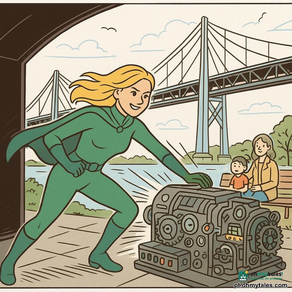 Estela Lumina, heroína de rosto determinado e sorriso, cabelos longos dourados, veste um traje verde esmeralda justo com capa curta, luvas e botas, e apoia a mão num grande painel de comando para estabilizar uma máquina ruidosa; a poucos metros, sobre a ponte de aço moderna com vãos e cabos sobre um rio prateado, um menino de ~9 anos de cabelos castanhos curtos observa surpreso e admirado segurando um avião de brinquedo; sob a ponte, uma menina de ~7 anos com cabelos em duas tranças senta-se num banco do parque segurando a mão de uma mulher adulta, que aos 30–35 anos, aliviada e de casaco leve, olha para Estela desde a margem direita; em primeiro plano um armazém escuro aberto revela engrenagens e luzes da máquina que faz tremer a ponte, linhas de ação mostram o tremor e as ondas ao redor, atmosfera heroica e reconfortante com contraste entre o interior escuro do armazém e a luz do céu azul acima.