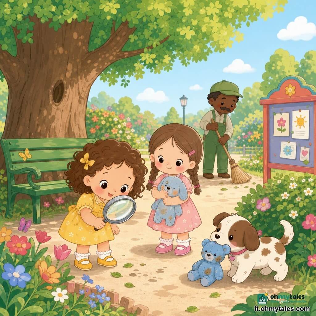 Bambina detective di circa 4 anni, gioiosa e concentrata, viso rotondo, capelli ricci castani, con un vestitino giallo e una lente d'ingrandimento davanti agli occhi; Anna, circa 4 anni, sorridente, capelli castani intrecciati, stringe un piccolo pupazzo azzurro un po' sporco; cagnolina Lilla, piccola, maculata bianca e bruna, scodinzola tenendo un orsacchiotto azzurro tra i denti ai piedi di una siepe; signor Gino, giardiniere di circa 45 anni, baffi morbidi e berretto verde, scopa vicino a un sentiero del parco sullo sfondo; parco soleggiato con una grande quercia ombrosa, una panchina verde, una bacheca colorata e aiuole fiorite; scena principale: la piccola detective osserva il pupazzo con la lente mentre Anna sorride sollevata e Lilla scodinzola, atmosfera dolce, colori pastello, forme tonde e sagome semplici.