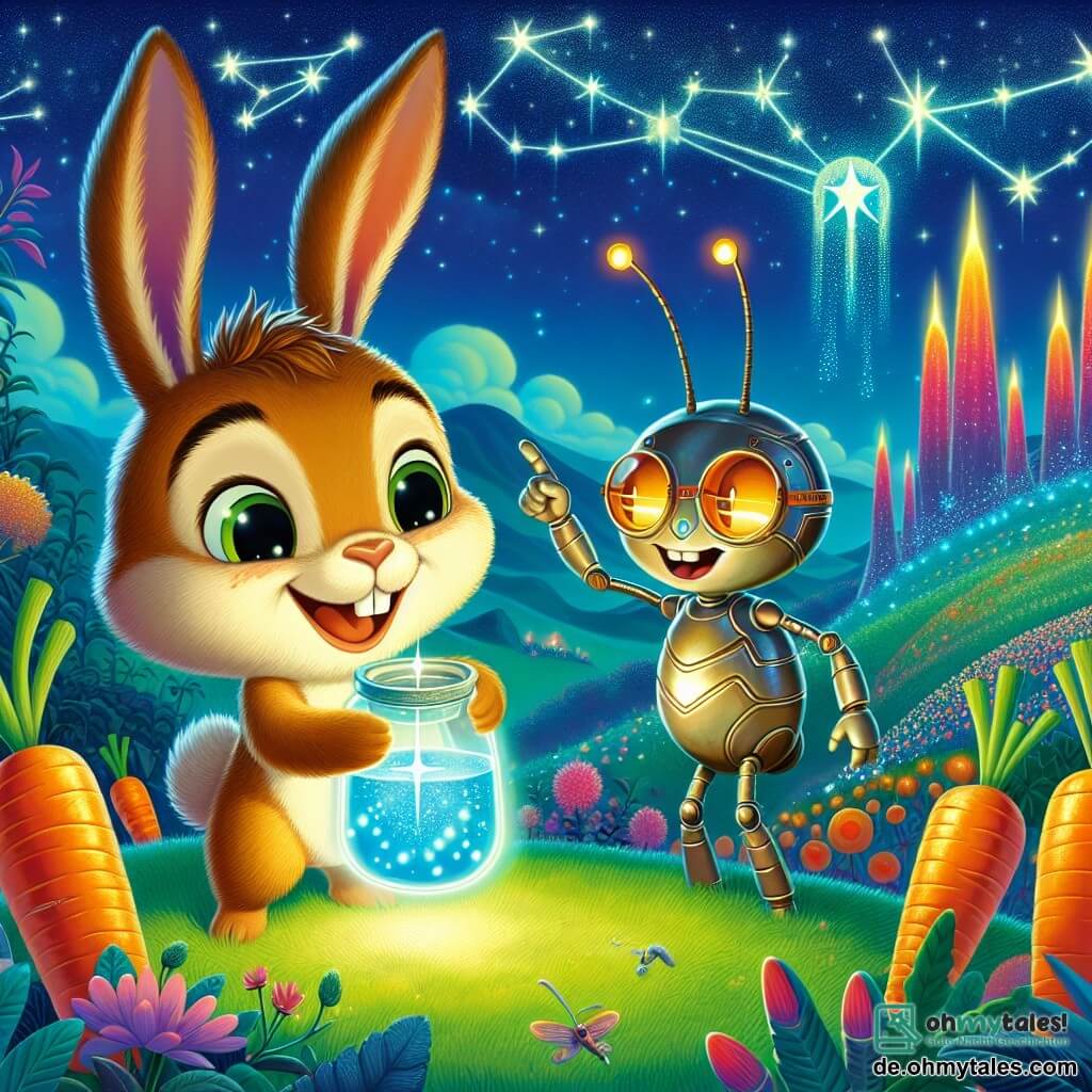 Hopsi, ein kleiner Hase mit großen Ohren und weichem, braunem Fell, steht auf einem grünen Hügel, seine Augen strahlen vor Staunen und ein großes Lächeln ziert sein Gesicht. Er hält einen funkelnden Behälter mit einer leuchtenden Flüssigkeit, bereit, die Pflanzen des geheimnisvollen Planeten Karottis zu retten. Neben ihm steht Käpt’n Glitzer, ein eleganter Astronautenkäfer mit glänzendem Panzer und futuristischen Brillen, der Hopsi bewundernd ansieht, seine Antennen vor Aufregung zucken. Der Hintergrund zeigt eine märchenhafte Landschaft von Karottis mit bunten Bergen und riesigen, leuchtenden orangen Karottenfeldern unter dem Sternenlicht. Bunte Blumen umgeben die beiden Freunde und verleihen der Umgebung einen Hauch von Magie. Die Hauptsituation zeigt Hopsi und Käpt’n Glitzer triumphierend, bereit, die kostbare Flüssigkeit auf die Pflanzen zu gießen, die um sie herum blühen, was die Verbindung zwischen den Freunden von der Erde und den Bewohnern von Karottis symbolisiert, um ihre Welt zu retten.