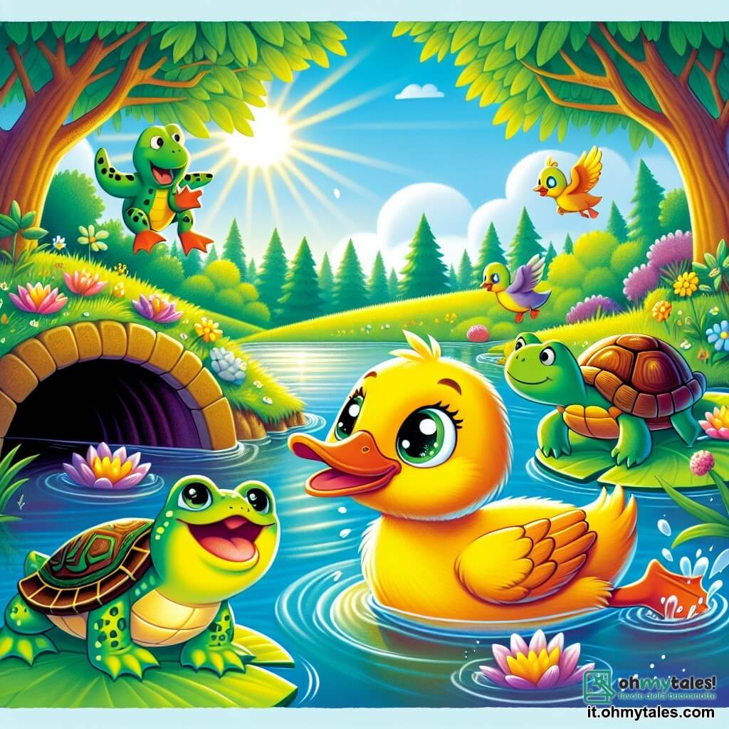 Dodo, l'anatra curiosa, è un piccolo anatra gialla brillante con un becco arancione e occhi pieni di curiosità. Nuota felicemente in uno stagno, con un grande sorriso sul volto, pronto a esplorare nuove avventure. Accanto a lui, Gigi, la rana verde con macchie nere, salta con entusiasmo su una foglia di ninfea, mentre Tina, la tartaruga con il guscio marrone e verde, osserva tranquillamente dal bordo dello stagno, con un'espressione saggia. Il luogo è un magnifico stagno circondato da alberi maestosi, con fiori colorati lungo le rive e raggi di sole che brillano sull'acqua. La scena principale mostra Dodo e i suoi amici che scoprono un misterioso tunnel vicino all'acqua, pronti a entrare insieme, pieni di eccitazione e un po' di apprensione.