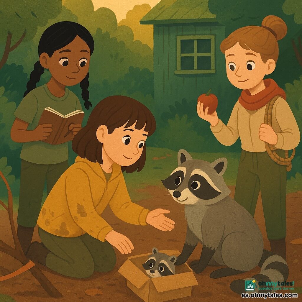 Seis personajes: cuatro niñas de unos 9 años —Aina, cabello castaño medio con flequillo, chaqueta mostaza manchada de barro, arrodillada y tendiendo la mano al mapache; Vera, con trenzas y bloc de detective, vestida kaki, observando con curiosidad; Inés, coleta castaña, lleva bufanda roja y una cuerda en el hombro, prepara provisiones; Lúa, rubia en moño con camisa a rayas, detrás del grupo sosteniendo una linterna o rama—; un mapache adulto gris y negro con la pata trasera vendada envuelta en un trozo de calcetín blanco, sentado delante de Aina; y un mapache bebé peludo asomando la cabeza desde un escondite de cartón. Escenario: claro tras arbustos verdes, caseta de jardín verde envejecida con ventana de cuadricula, suelo fangoso con hojas húmedas, tablas y grava en primer plano y cintas naranjas anudadas en ramas marcando el camino. Situación: las niñas ayudan a un mapache herido y reencuentran a su cría en una escena cálida de solidaridad con luz suave de tarde, colores vivos y texturas (barro, madera, pelaje, telas) y expresiones tiernas.