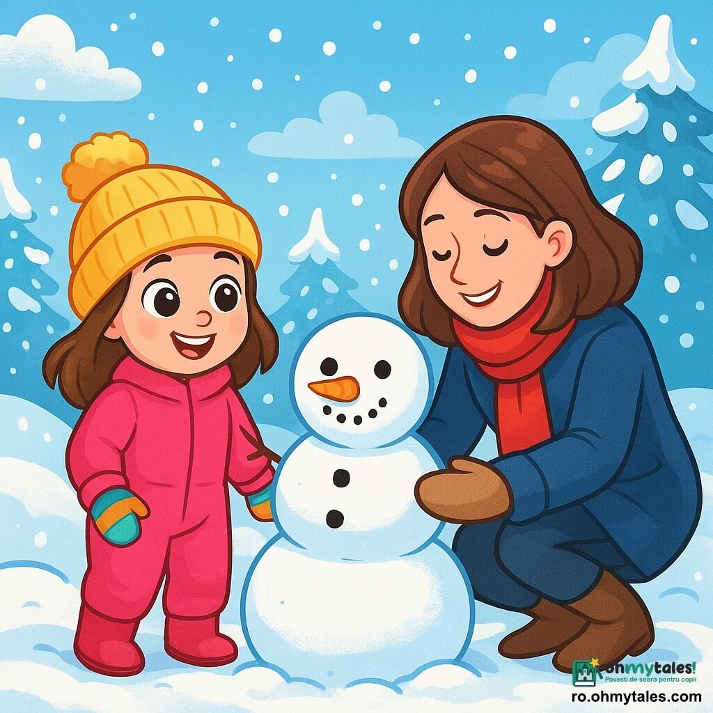 O fetiță de 6 ani, pe nume Mara, cu ochi mari și strălucitori și obraje roz, se află în mijlocul unui peisaj de iarnă. Ea poartă o salopetă de zăpadă roz aprins, o căciulă de lână galbenă și mănuși multicolore. Zâmbetul ei radiază bucurie și uimire în fața magiei iernii. Lângă ea, mama ei, o femeie de aproximativ 30 de ani, cu păr castaniu și un zâmbet cald, se apleacă pentru a o ajuta să adune fulgi de zăpadă. Ea poartă o haină albastră închisă și o eșarfă roșie, având un aer blând și protector. Decorul este o pădure fermecată acoperită cu un strat gros de zăpadă strălucitoare, cu copaci ale căror ramuri sunt încărcate de fulgi albi și un cer albastru deschis presărat cu nori pufoși. Mara și mama ei construiesc un om de zăpadă, râzând și distrându-se împreună, în timp ce fulgii de zăpadă cad ușor în jurul lor, creând o atmosferă veselă și magică.