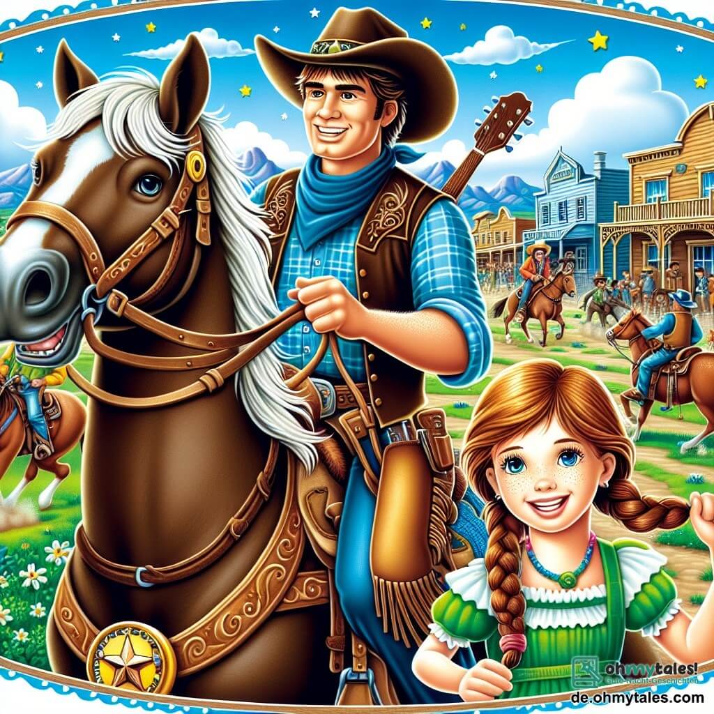 Ein Cowboy namens Max, ein lächelnder und entschlossener Mann in seinen Dreißigern mit einem großen Cowboyhut und einer Gitarre auf dem Rücken, sitzt auf seinem schönen Mustang namens Blitz in einer grünen Wiese unter einem strahlend blauen Himmel. Neben ihm steht seine beste Freundin Lila, ein 10-jähriges Mädchen mit braunen Zöpfen, das ein buntes Kleid trägt und Max bewundernd ansieht, während sie eine Rennflagge in den Händen hält. Im Hintergrund sieht man eine Stadt des Wilden Westens mit Holzbauten, Saloons und versammelten Cowboys, die alle auf das große Ereignis warten. Die Szene zeigt den Moment, in dem Max sich auf einen großen Cowboy-Wettbewerb vorbereitet, mit einer fröhlichen und aufregenden Atmosphäre, in der Freundschaft und Mut im Mittelpunkt des Abenteuers stehen.