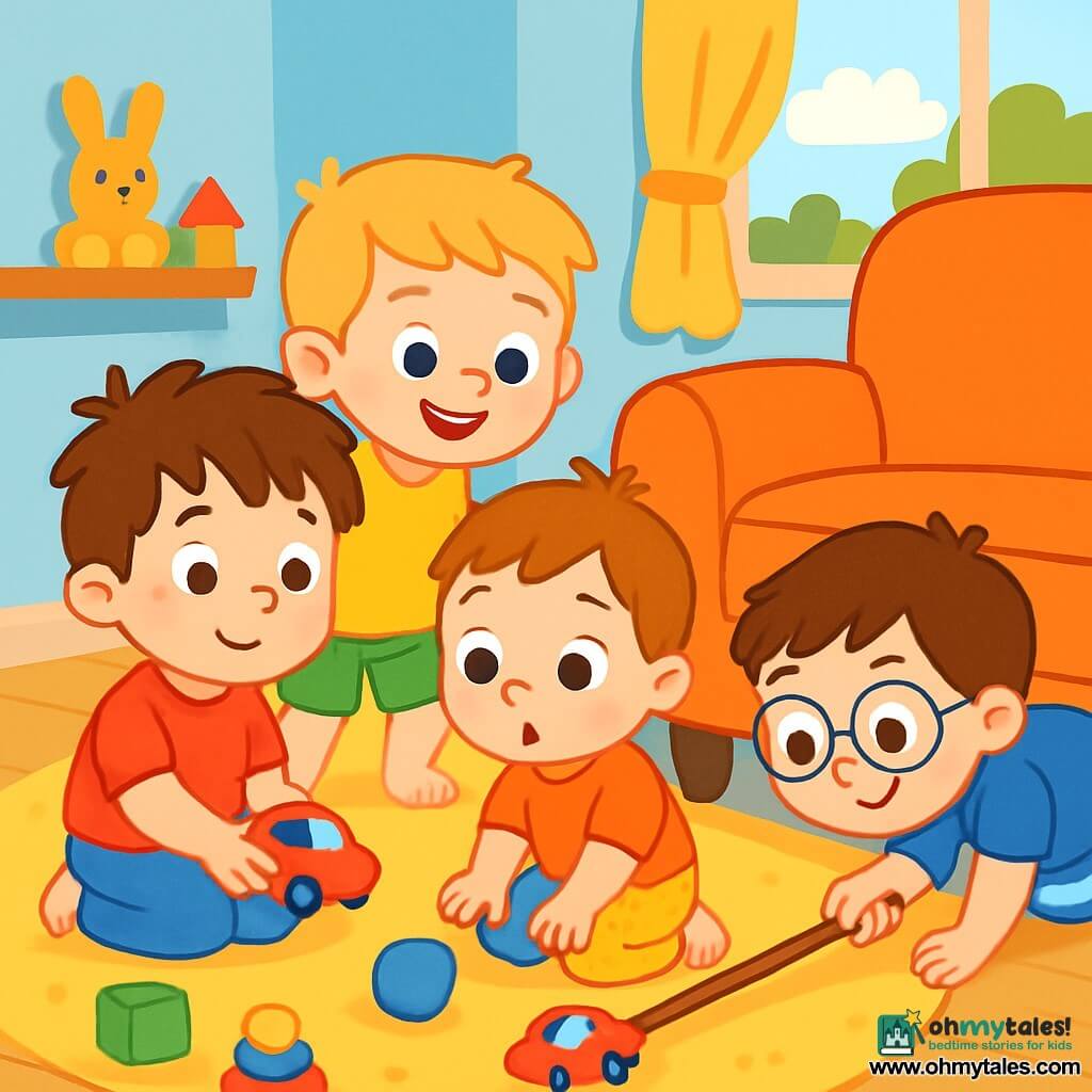 There are 4 children: Max, a 3-year-old boy with messy brown hair and sparkling eyes, wearing a red t-shirt and blue pants, sitting on a soft rug holding a small red car; Ben, a 4-year-old boy with blond hair and a big smile, wearing a yellow t-shirt and green shorts, crouching near Max ready to help him find the car; Sam, a 3-year-old boy with black hair and round glasses, wearing a blue t-shirt and striped pants, leaning under the couch with a stick to push the car; and Leo, a 2-year-old boy with brown hair and a curious face, wearing an orange t-shirt and patterned leggings, sitting next to Max with wide eyes, watching the scene in wonder. The setting is a cozy room with light blue walls and a fluffy rug, colorful toys scattered around, and soft light coming through the window, creating a welcoming and joyful atmosphere. The main situation shows Max looking a bit sad because his red car has fallen under the couch. Ben, Sam, and Leo gather around him, ready to help. Sam uses a stick to push the car while Ben encourages him with a smile, and Leo watches with bright eyes, full of enthusiasm. The atmosphere is friendly and supportive, filled with warmth and camaraderie.