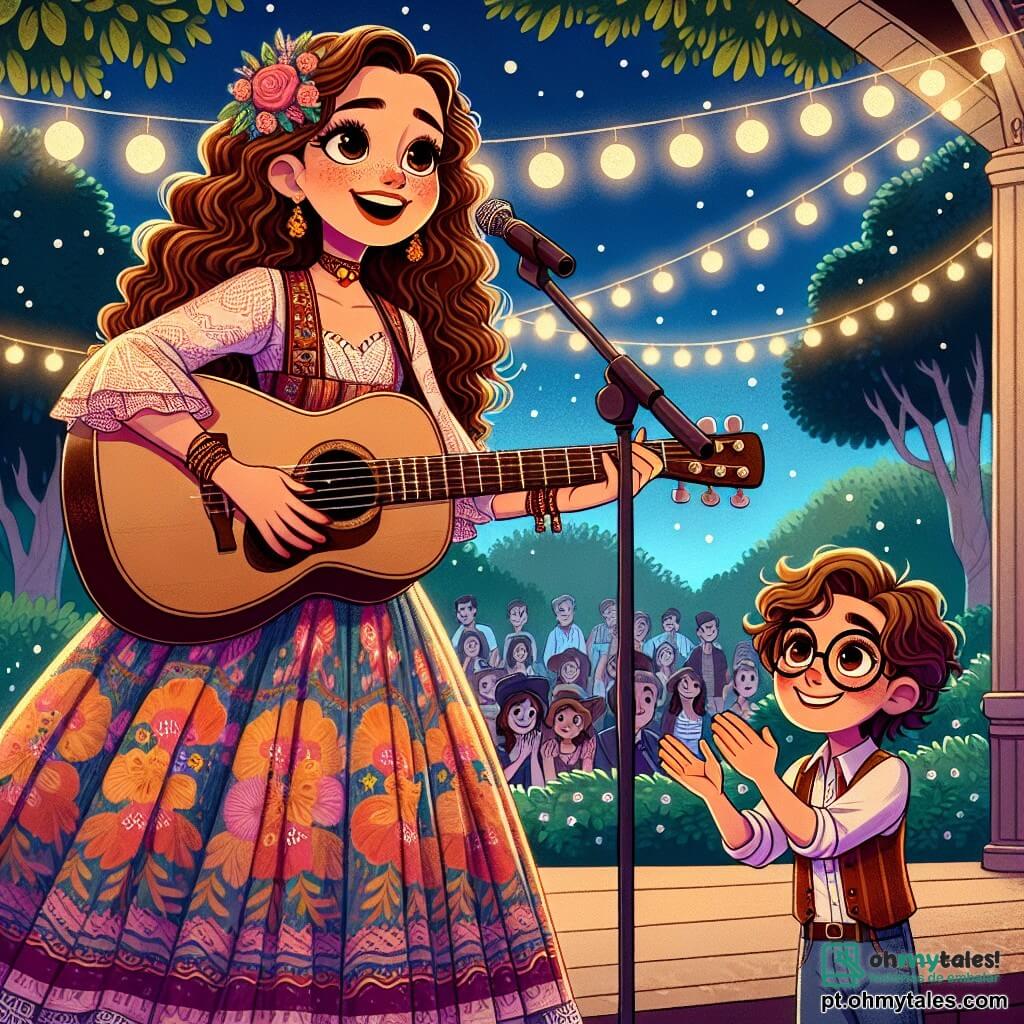 Clara, uma jovem de cabelos longos e cacheados, vestindo um vestido colorido, está no palco com uma guitarra na mão, um grande sorriso iluminando seu rosto, cheia de emoção e alegria enquanto canta para o público. Ao seu lado, Miguel, um garoto de cerca de 8 anos, com cabelos castanhos bagunçados e óculos, aplaude entusiasticamente, os olhos brilhando de felicidade, sentado na primeira fila, cativado pela performance. O local é um anfiteatro ao ar livre, cercado por árvores verdes, com luzes penduradas que brilham sob o céu crepuscular, criando uma atmosfera mágica e festiva. Clara está prestes a começar seu concerto, pronta para compartilhar sua paixão pela música, enquanto o público aguarda ansiosamente, pronto para ser transportado pelas melodias encantadoras.