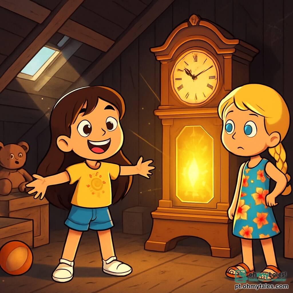 Há 2 personagens principais: - Sofia: uma menina de 7 anos, com longos cabelos castanhos e olhos brilhantes. Ela usa uma camiseta amarela com um desenho de sol e um short de jeans. Ela está em pé, com os braços abertos e um grande sorriso, mostrando seu entusiasmo. - Lara: uma menina de 7 anos, com cabelos loiros trançados e olhos azuis. Ela veste um vestido florido e sandálias. Ela está um pouco recuada, com as mãos nos quadris, exibindo uma expressão curiosa. O local da situação principal é um velho sótão, cheio de poeira e mistério. As paredes são de madeira escura, e raios de luz filtram por uma janela suja, iluminando caixas antigas, brinquedos esquecidos e um grande relógio de madeira ao centro, que brilha com uma luz mágica. A situação principal da história mostra Sofia e Lara descobrindo o misterioso relógio que brilha intensamente. Elas estão fascinadas e um pouco assustadas, prontas para viver uma incrível aventura no tempo.