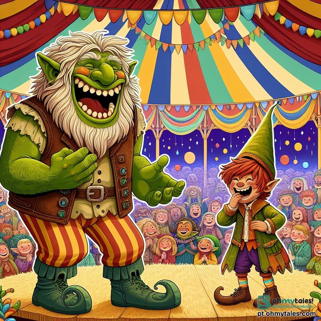 Um ogro jovial chamado Bruto, com pele verde e olhos brilhantes de malícia, está em um palco colorido, rindo alto. Ele tem grandes dentes brancos e cabelos bagunçados, vestindo um colete de couro gasto e calças listradas. Ao seu lado, um pequeno gnomo chamado Tico, um garoto de cabelos ruivos e barba desgrenhada, sorri amplamente, pronto para contar sua próxima piada. Ele usa um chapéu pontudo e roupas coloridas, adicionando um toque de magia à cena. Ao fundo, uma multidão de criaturas fantásticas e crianças humanas, todas rindo e aplaudindo, está em uma grande tenda decorada com luzes e balões coloridos. O chão está coberto de palha e flores, criando uma atmosfera festiva. A situação principal mostra Bruto e Tico em uma batalha de piadas, cada um tentando fazer o público rir com suas melhores brincadeiras, enquanto a excitação e a alegria preenchem o ar.