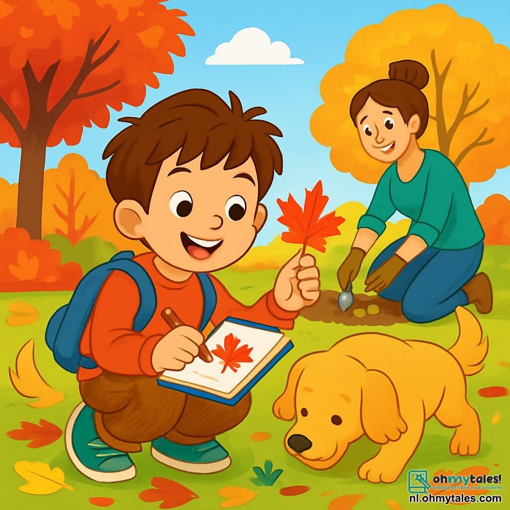Een 6-jarig jongetje, Sam, met rommelig bruin haar en een grote blije glimlach, draagt een warme blauwe tas en een corduroy broek. Hij zit in een herfsttuin, met een schetsboek in de ene hand en een potlood in de andere, terwijl hij aandachtig naar een klein felrood esdoornschors kijkt. Naast hem snuffelt zijn hond, Max, een golden retriever met gouden vacht en sprankelende ogen, nieuwsgierig op de grond, met zijn staart vrolijk kwispelend. Iets verderop plant Sams moeder, een vrouw van in de dertig met bruin haar in een knot, bloembollen in de tuin, terwijl ze naar haar zoon glimlacht en hem de mooie herfstkleuren laat zien. De tuin is gevuld met bladeren in heldere kleuren: rood, oranje en geel, met majestueuze bomen op de achtergrond. De lucht is helderblauw, met enkele wolkjes. Sam ontdekt de schoonheid van de herfst, gefascineerd door de kleuren van de bladeren en de dieren om hem heen, terwijl Max vrolijk om hem heen speelt.