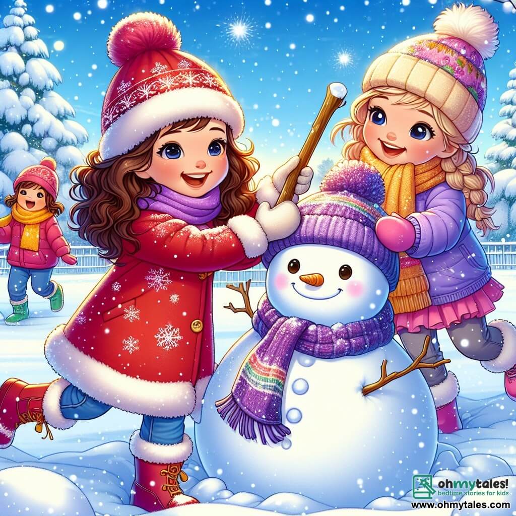 Three little girls are at the center of the image: Mia, a 7-year-old with curly brown hair, is wearing a bright red coat and matching hat, rolling a large snowball to build a snowman. Lila, a 6-year-old with straight blonde hair, is next to her, jumping in the snow with a big smile, dressed in a blue snowsuit and a pink scarf. Finally, Zoe, a 5-year-old with chestnut hair in braids, is slightly behind, holding a stick to make the snowman's arms, wearing a purple coat and yellow gloves. The setting is a magical winter park, covered in a thick layer of sparkling snow under a clear blue sky, surrounded by snow-laden trees, with snowflakes gently falling, adding a fairy-tale touch to the scene. The main situation shows the girls laughing and playing together, creating a cheerful snowman with a big smile and a carrot nose, as they enjoy exploring the beauty of winter.