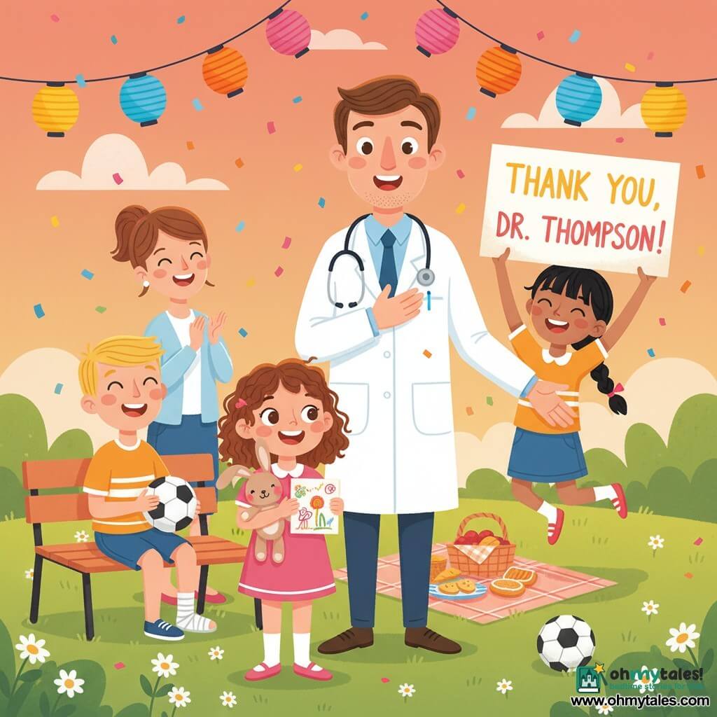 Dr. Charlie Thompson, a warm-faced man in a clean white coat with a stethoscope, hand on his heart and the other reaching toward children, is surrounded in a dusk park by Lily (≈6, curly brown hair, holding a rabbit plush and a colorful drawing), Max (≈9, short blond hair, bandaged right ankle, sitting with a football), and Emma (≈8, black braided hair, holding a painted sign reading “Thank You, Dr. Thompson!”), with Sarah (≈30, chestnut hair, applauding) nearby; daisies, paper lanterns, an orange-pink sky, picnic blanket and confetti create a festive, warm surprise party scene in a simple, expressive vector style suitable for a children’s book.