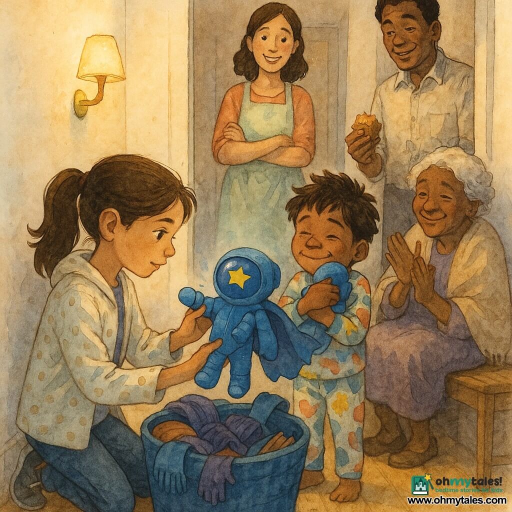 A calm, focused 12-year-old girl with bright eyes and a chestnut ponytail kneels in a narrow cream-walled hallway with warm wooden floors, gently pulling a small blue astronaut plush from a large blue fabric basket; her excited 8-year-old brother in colorful pajamas stands beside her clutching the mascot, their smiling, surprised mother in a pastel apron watches from the doorway with hands folded, their amused father in a rumpled shirt leans on the doorframe holding a muffin wrapper, and their gentle, mischievous 70-year-old grandmother in a light shawl sits nearby applauding; a wall lamp casts golden light and soft shadows, crumbs lie on the floor, and the scene centers on the joyful discovery of the unfolded mascot with a crumpled cape and shiny star on its helmet, rendered with controlled watercolor touches and small splashes to emphasize the emotion.