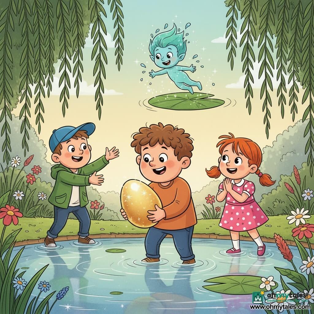 Max, an 8-year-old boy with a round face, brown curly hair and wide curious eyes, leans forward protectively holding a large iridescent golden egg in both hands; to his right Lily, about 8, with red braided hair and a pink polka-dot dress, clasps her hands and watches with excitement and admiration near the pond edge; to his left and slightly behind, Sam, about 9, in a blue cap and green jacket, reaches out alertly as if ready to catch the egg; above a lily pad floats Splashy, a translucent blue-green water sprite with hair of sparkling droplets, scattering luminous splashes around the egg; the scene is a clear pond surrounded by weeping willows, lily pads, tall grasses and colorful wildflowers, bathed in soft late-afternoon pastel light with gentle leaf movement and small ripples on the water.