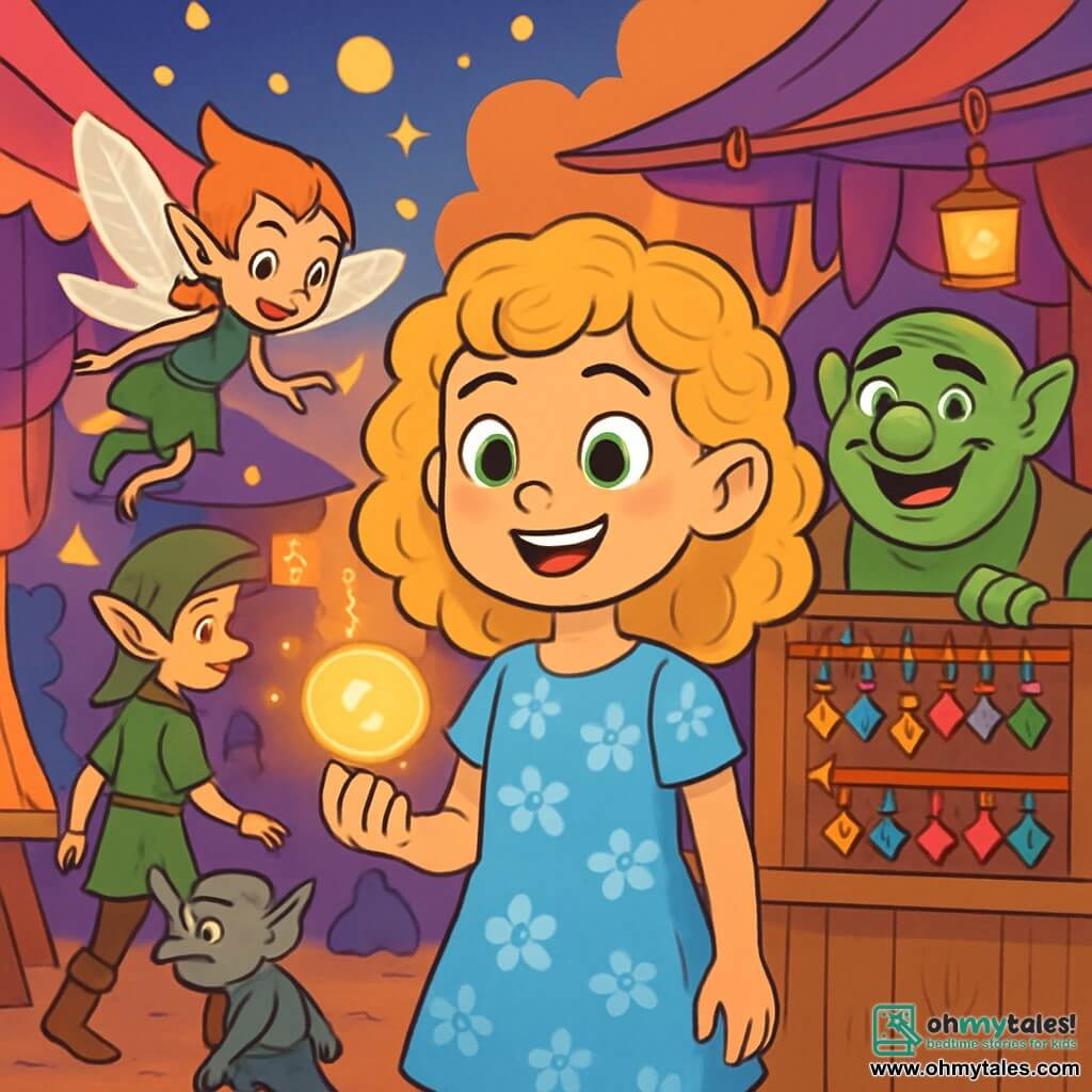 A 10-year-old girl named Lila, with curly golden hair and sparkling emerald eyes, stands in the center of the image, her radiant smile lighting up her face. She wears a sky-blue cotton dress adorned with floral patterns and holds a small glowing orb that emits a soft golden light. Beside her, a mischievous pixie with shimmering silver wings flies in circles around Lila, its playful eyes reflecting the magic of the place. In the background, a jovial troll with greenish skin and a wide smile holds a stand of colorful charms, watching the scene kindly. The setting is a vibrant fairy market, filled with bright colors, wooden stalls decorated with twinkling lanterns and shimmering fabrics. Fantastic creatures like elves and goblins move about in a lively atmosphere, while magical lights float in the air. The main scene shows Lila, awestruck, discovering the magical market, surrounded by fantastical creatures, ready to embark on an extraordinary adventure in this world where magic and reality meet.