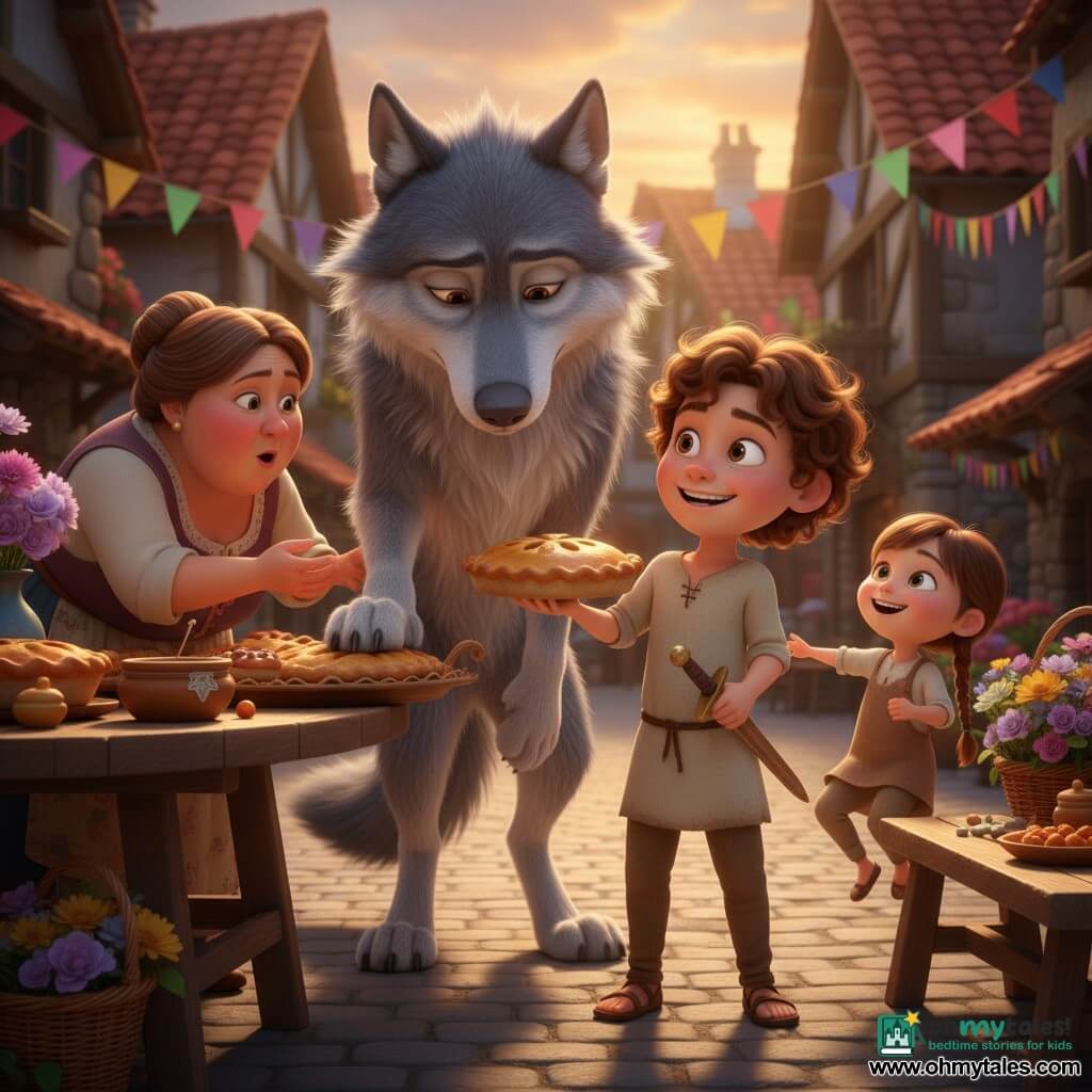 Ten-year-old boy with chestnut curly hair, bright eyes and a confident smile, wearing a simple shirt and holding a small wooden sword while presenting a pie, stands at the center of a cobbled village square; a large gentle gray wolf with silver-tinted thick fur and shy expressive eyes stands slightly behind him with head lowered and a paw on a large pie platter; to the left a round-faced, roughly 50-year-old village woman with a bun reaches toward a slice of pie on a wooden table with surprise and curiosity, and to the right a seven-year-old girl with a brown braid laughs on tiptoe near a bench; colorful garlands hang between stone houses with red roofs, wooden tables hold pies, bowls of honey and baskets of flowers, and a golden sunset bathes the convivial feast where the boy presents the wolf as guest of honor, creating a warm, bright scene with gentle, nonthreatening expressions focused on the boy-wolf duo surrounded by curious villagers.