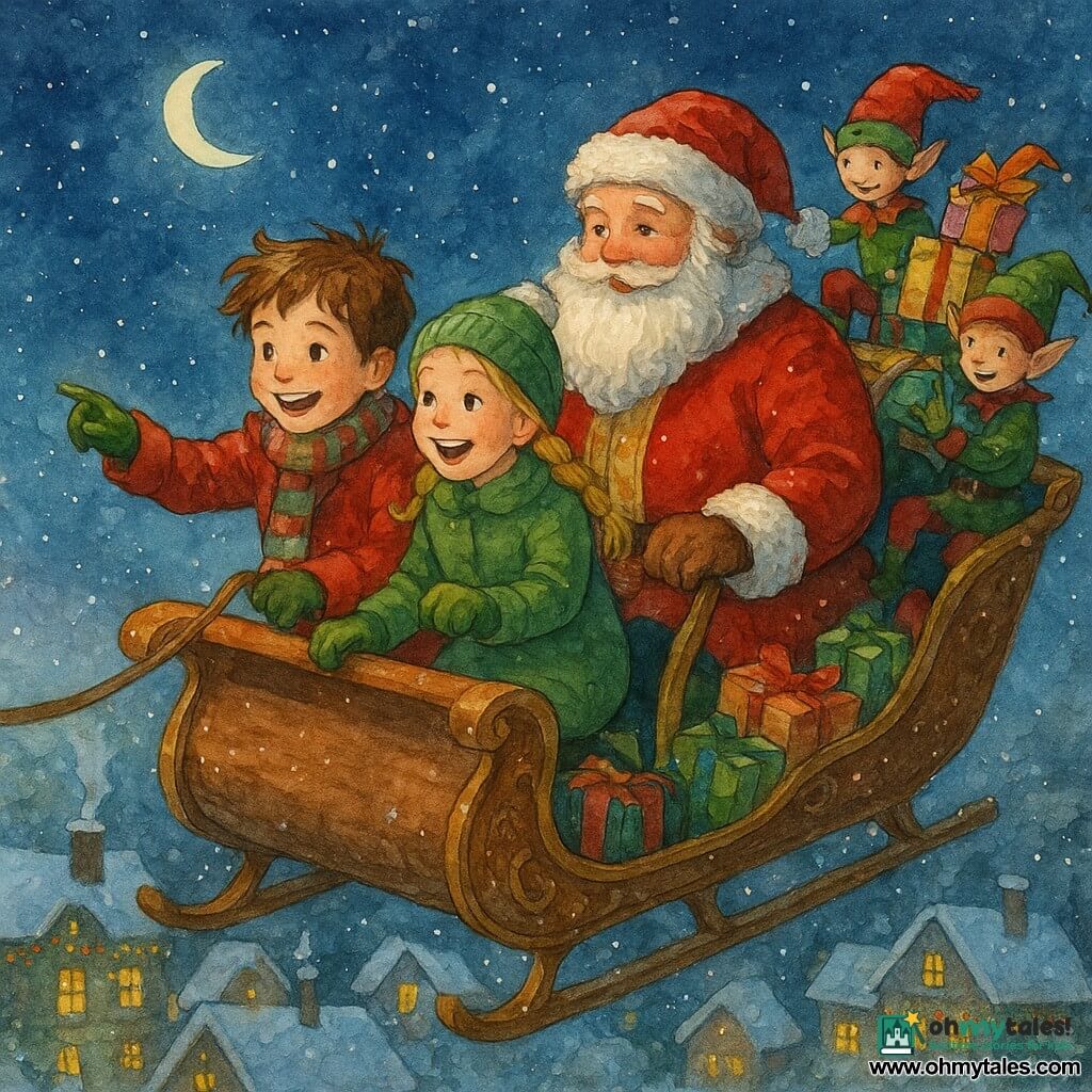 An 8-year-old boy with joyful, amazed expression, freckled face and tousled brown hair, wearing a red wool coat, striped scarf and mittens, gripping the sleigh reins and looking down at illuminated rooftops; an 8-year-old girl friend, excited, with braided blond hair, pom-pom hat and green jacket, crouched beside him in the sleigh, smiling and pointing at a decorated house; an adult Santa Claus, stout man with curled white beard and gold-embroidered red suit, seated at the back of the sleigh steering gently with a kind, twinkling gaze; two small, lively elves in green and red, standing at the rear arranging presents with animated gestures and pointed hats; a varnished wooden sleigh with gold ornaments and green velvet cushions piled with colorful, ribboned packages and a few snowflakes on the edges; beneath a deep starry night sky with a bright moon, snow-covered village roofs, smoking chimneys and twinkling garlands; the scene shows the sleigh in mid-flight on a diagonal, warm light from the houses contrasting with the cold air, conveying motion, wonder and Christmas magic.