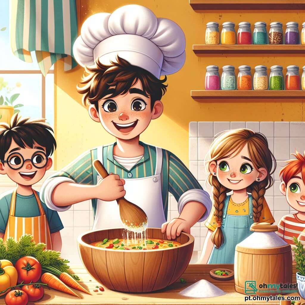 Um homem, o chef de cozinha João, sorridente e entusiasmado, usa um grande chapéu de chef branco e um avental colorido. Ele tem cabelos castanhos levemente cacheados e olhos brilhantes de alegria. João está misturando ingredientes em uma grande tigela de madeira, cercado por cores vibrantes e aromas deliciosos. Ao seu lado, um grupo de quatro crianças, com idades entre 8 e 10 anos, observa com admiração. Pedro, um garoto de cabelos negros e óculos redondos, segura uma cenoura que está prestes a cortar. Lila, uma menina de cabelos loiros trançados, sorri segurando um buquê de ervas frescas. Sofia, uma menina de olhos verdes, observa atentamente, pronta para aprender. Por fim, Lucas, um garoto de cabelos ruivos, está despejando farinha em uma tigela. A cena acontece em uma cozinha iluminada e acolhedora, com paredes pintadas de amarelo claro, prateleiras cheias de potes de especiarias coloridas e legumes frescos dispostos em um grande balcão de madeira. Raios de sol filtram pela janela, iluminando o espaço de forma acolhedora. A situação principal mostra João e as crianças preparando uma refeição festiva, rindo e trocando ideias, criando juntos uma atmosfera alegre e colaborativa, cheia de criatividade e descobertas culinárias.
