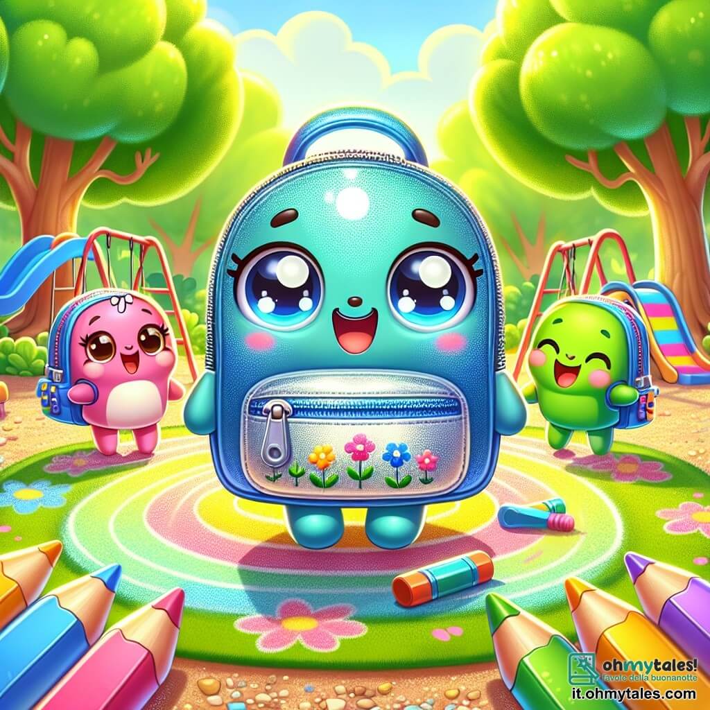 Zippy, uno zaino colorato in azzurro con riflessi argentati, è al centro del cortile della scuola, con gli occhi brillanti di eccitazione e un grande sorriso sulla cerniera. Tiene un piccolo quaderno in una delle sue tasche, pronto a scrivere le sue nuove avventure. Alla sua destra, Rosy, uno zaino rosa vivo con motivi floreali, sorride felicemente alzando la mano per salutare Zippy, con un'espressione piena di entusiasmo. A sinistra, Leo, uno zaino verde smeraldo, ride con un gruppo di altri zaini, le sue tasche piene di matite colorate, mostrando la sua gioia di essere circondato da amici. La scena si svolge in un cortile soleggiato, circondato da alberi con foglie verdi e giochi colorati come altalene e scivoli. Il terreno è coperto di ghiaia e disegni a gesso, creando un'atmosfera gioiosa e vivace. La situazione principale mostra Zippy e i suoi nuovi amici mentre giocano a un gioco di caccia al tesoro, correndo felicemente alla ricerca di indizi, con scoppi di risate e grida di eccitazione che riempiono l'aria.