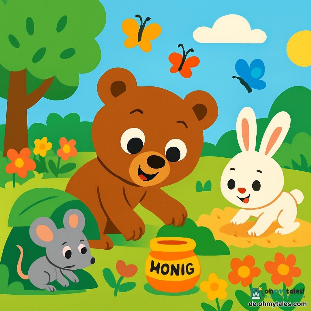 Ein kleiner brauner Bär namens Bruno mit großen runden Augen und einem fröhlichen Lächeln durchwühlt einen sonnigen Garten, umgeben von bunten Blumen und fliegenden Schmetterlingen. Neben ihm schaut eine kleine graue Maus namens Mia mit großen Ohren und einem neugierigen Blick konzentriert unter ein Blatt. Ein kleiner weißer Hase namens Max mit aufgerichteten Ohren gräbt etwas weiter entfernt begeistert im Sand. Der Garten ist voller leuchtender Blumen, grüner Bäume und einem hellblauen Himmel, was eine fröhliche und einladende Atmosphäre schafft. In dieser Szene suchen Bruno und seine Freunde gemeinsam nach dem verlorenen Honigtopf und durchstöbern begeistert ihre bunte und lebendige Umgebung.