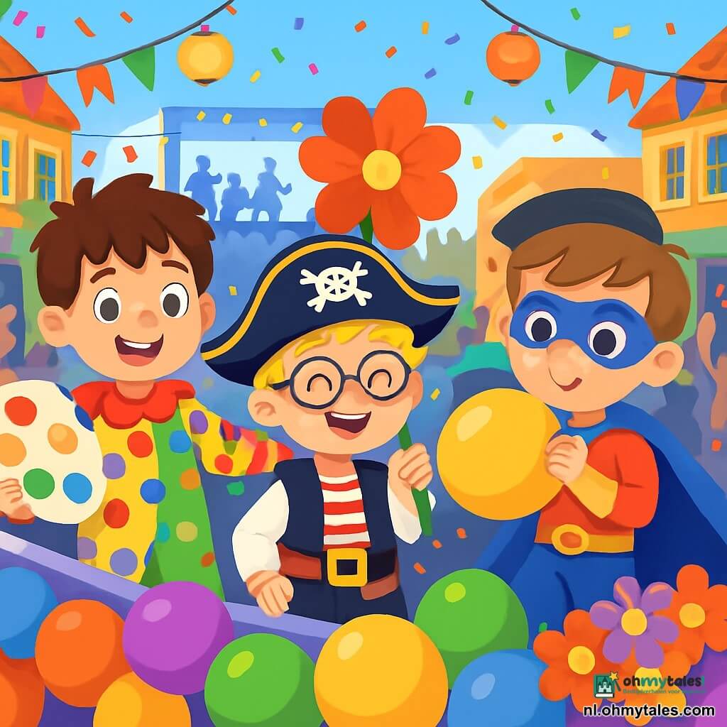 Er zijn 3 personages: Tom: een 6-jarig jongetje met messy bruin haar, gekleed in een kleurrijk clownspak met multikleurige stippen. Hij staat links, glimlachend en houdt een groot palet verf vast. Jens: een 6-jarig jongetje met blond haar en ronde bril, gekleed in een zwart-rood piratenkostuum. Hij staat in het midden en houdt een grote papieren bloem vast die hij heeft gemaakt. Bas: een 6-jarig jongetje met kastanjebruin haar en sproeten, gekleed als superheld met een blauwe cape en een masker. Hij staat rechts en blaast een grote carnaval bal op. De situatie speelt zich af op een drukke straat in het dorp, versierd met kleurrijke slingers en fonkelende lantaarns. De huizen zijn in felle kleuren geschilderd en confetti zweeft door de lucht. In de verte is een groot podium te zien waar muzikanten vrolijk spelen. De hoofdscène toont de drie vrienden op hun prachtige carnavalswagen, versierd met een enorme regen van kleurrijke ballonnen en een grote regen van papieren bloemen. Ze lachen en dansen, omringd door verwonderde toeschouwers die applaudisseren en zingen, wat een feestelijke en blije sfeer creëert.