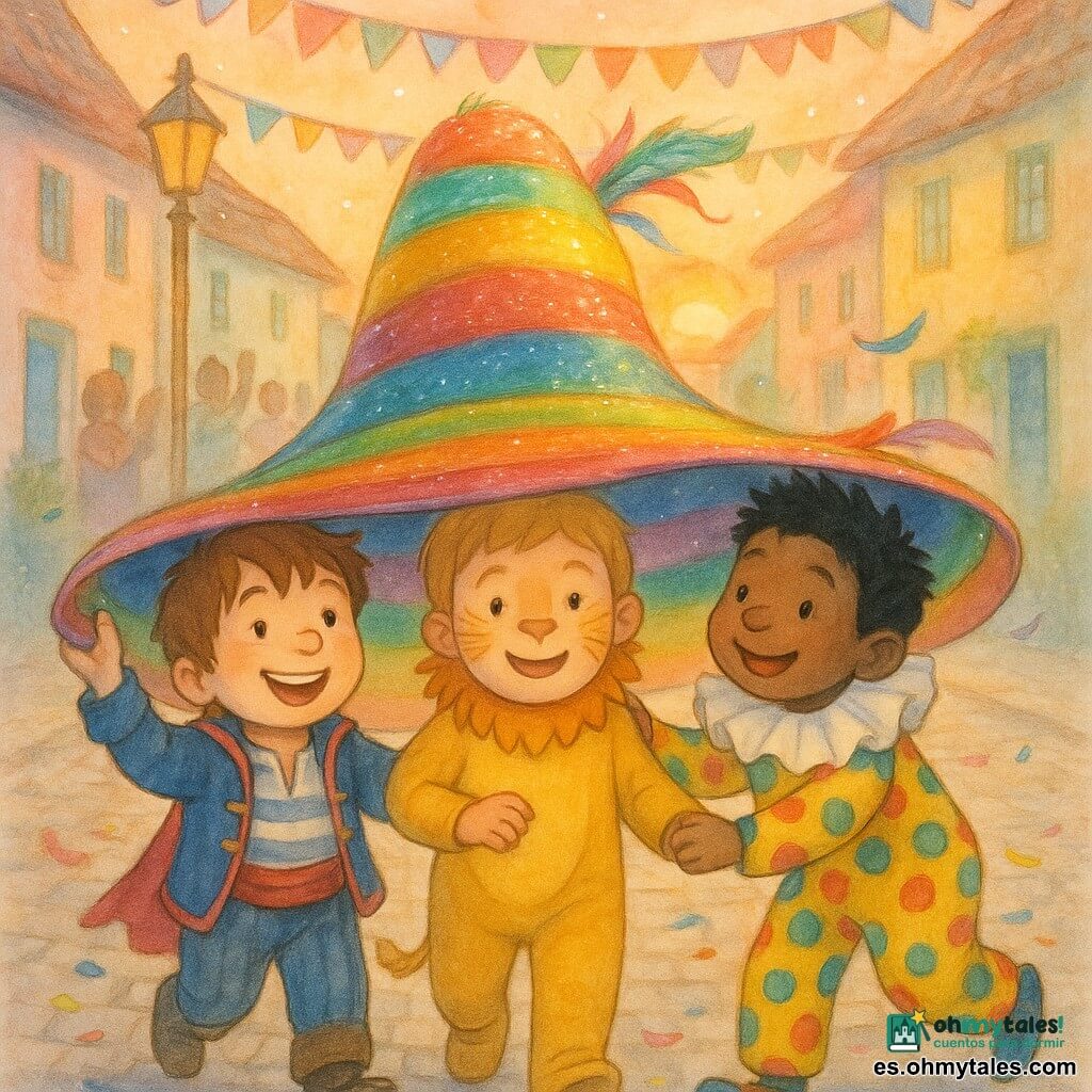 Hay tres niños: Lucas, unos 7 años, rostro redondo, pelo castaño despeinado, traje de pirata azul y rojo, sostiene el borde izquierdo del gran sombrero arcoíris, mirada alegre; Mateo, unos 6 años, piel clara, pelo rubio corto, maquillaje discreto de león y disfraz amarillo con melena de fieltro, en el centro con una mano en el sombrero, sonriente; Pablo, unos 7 años, pelo negro en punta, disfraz de payaso colorido con lunares y rayas y gran cuello blanco, a la derecha empujando el sombrero con entusiasmo. Escenario: calle empedrada de pueblo con casas de fachadas pastel, guirnaldas multicolores, confeti y plumas en el suelo, faroles de madera y sol poniente naranja. Situación: los tres sostienen juntos un enorme sombrero arcoíris brillante sobre sus cabezas formando una pequeña torre festiva, con plumas y lazos ondulantes y transeúntes aplaudiendo difuminados al fondo.