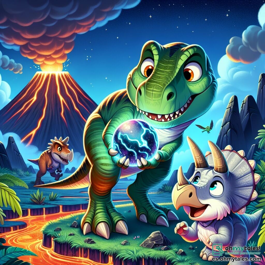 Un joven Tyrannosaurus Rex, pequeño y curioso, con una piel verde brillante y ojos llenos de sorpresa, sostiene una esfera mágica con sus patas delanteras. Su expresión es a la vez maravillada y un poco asustada. A su lado, Trini, un robusto triceratops con tres cuernos afilados y piel grisácea, observa la esfera con una mezcla de intriga y preocupación. Dilo, un pequeño dilofosaurio de plumas coloridas, salta alegremente a su alrededor, con ojos brillantes de emoción. La escena tiene lugar al pie de un imponente volcán, con flujos de lava ardiente serpenteando entre las rocas oscuras y nubes de humo elevándose en el cielo azul. Plantas prehistóricas de colores vivos rodean a los personajes, añadiendo un toque de magia al entorno. Rex, sosteniendo la esfera, se prepara para descubrir su poder misterioso mientras el volcán ruge a lo lejos, creando una atmósfera llena de tensión y aventura.