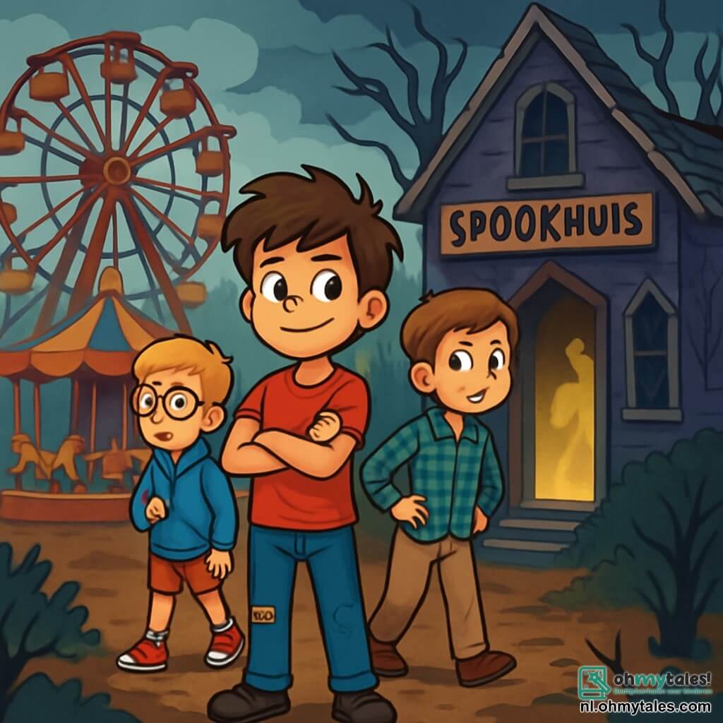 Er zijn 3 personages: - Daan: een 10-jarig meisje met rommelig bruin haar en een vastberaden glimlach. Hij draagt een rode t-shirt en een gescheurde spijkerbroek. - Lucas: een 9-jarig meisje met blond haar en ronde brillen. Hij draagt een blauwe hoodie en een korte broek. Hij kijkt nieuwsgierig naar het spookhuis. - Sam: een 10-jarig meisje met kastanjebruin haar en een bezorgde uitdrukking. Hij draagt een geruite shirt en een beige broek. De setting is een oud, verlaten pretpark met een mysterieuze sfeer. Roestige structuren zoals een krakende reuzenrad en een gekleurde, vervaagde draaimolen staan onder een bewolkte lucht. Naakte bomen omringen het park, hun kromme takken lijken de kinderen te willen grijpen. De ingang van het spookhuis heeft een gebarsten houten deur en gebroken ramen die een onheilspellende gloed uitstralen. De scène toont de drie jongens die naar het spookhuis lopen, met gezichten vol nieuwsgierigheid en angst. Daan gaat moedig vooruit, terwijl Lucas zich bezorgd omkijkt en Sam iets achterblijft, met een kloppend hart. Een mysterieuze schaduw is binnenin het huis zichtbaar, wat een gevoel van angst toevoegt aan de illustratie.