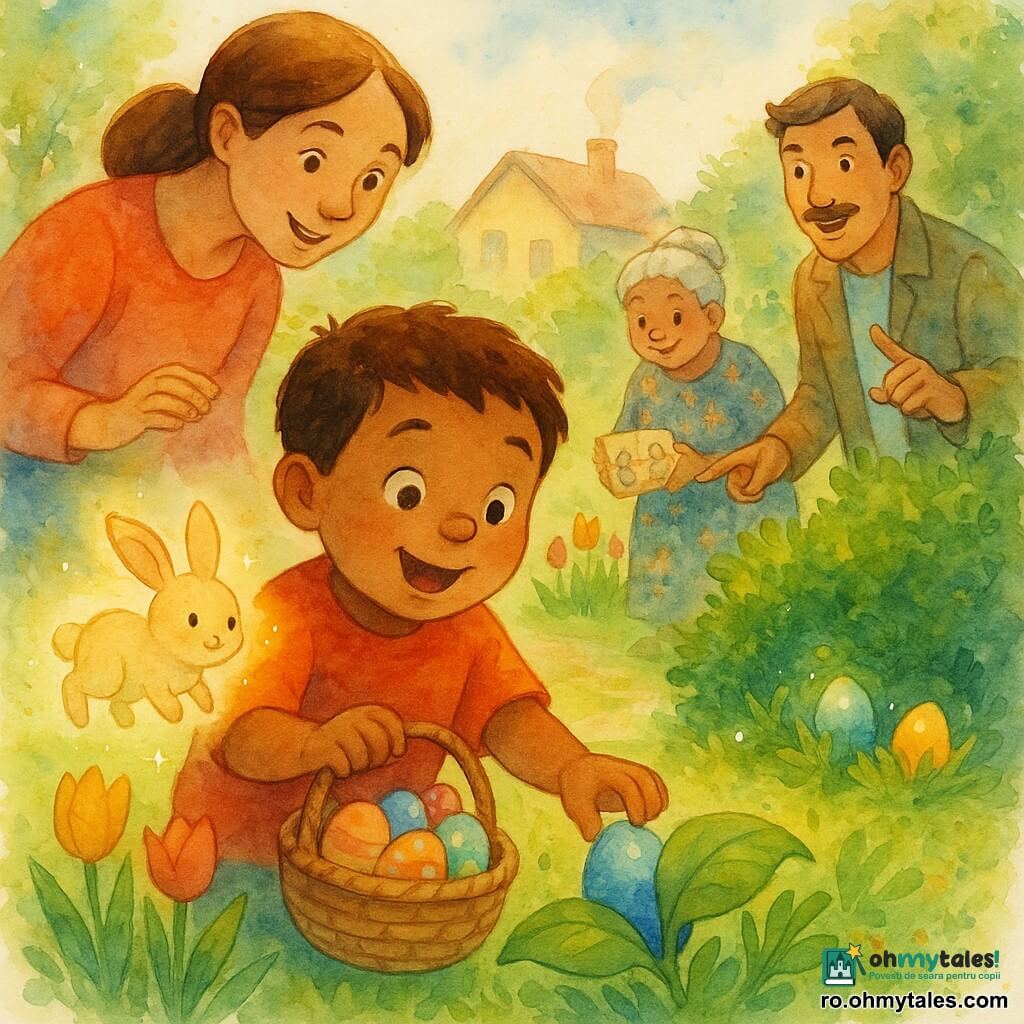 Un băiat de 4 ani, emoție veselă și uimită, față rotundă, păr scurt șaten, obraji roșii, ține un coșuleț de nuiele plin cu ouă vopsite și descoperă un ou albastru ascuns sub o frunză verde; o femeie (mamă, ~30 ani), păr șaten prins, zâmbet blând, stă în spatele băiatului, ușor aplecată, mâna întinsă încurajator; un bărbat (tată, ~35 ani), mustață discretă, vestă lejeră, indică o margine de tufiș unde strălucesc alte ouă, poziționat în dreapta băiatului; o bunică (~65 ani), păr gri în coc, rochie cu flori, ține o cutiuță deschisă cu figurine din hârtie lângă un tufiş cu flori; un iepuraș de lumină, nuanță gălbuie cu halou subtil, plutește lângă coș, expresie jucăușă și binevoitoare, cu scântei în jur; locul: o grădină de primăvară scăldată în soare, iarbă verde, lalele galbene și roșii, tufișuri, un drum pietruit spre o casă în fundal cu fum subțire la coș; situația: vânătoare de ouă de Paște calmă și luminoasă, compoziție centrată pe băiat și coș, culori pastel saturate moderat, texturi acuarelă vizibile și câteva stropi controlate în jurul florilor și iepurașului.