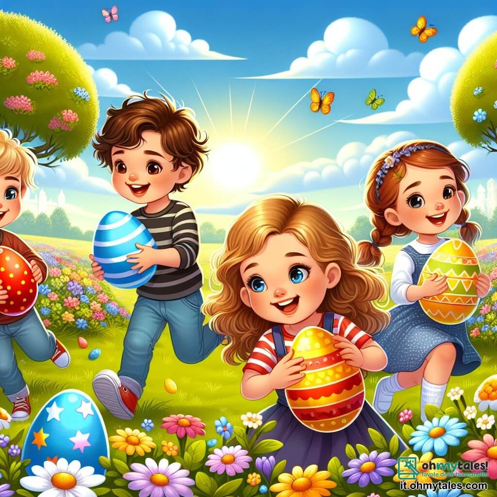 In un magnifico campo pieno di fiori colorati, quattro bambini sono intenti a cercare le uova di Pasqua. Marco, un ragazzo di sei anni con capelli ricci e un grande sorriso, raccoglie un uovo rosso brillante, accovacciato vicino a un cespuglio. Accanto a lui, Sofia, una bambina di sei anni con capelli lunghi e biondi, tiene un uovo a forma di cuore, con gli occhi scintillanti di gioia. Un po' più in là, Luca, un ragazzo di sei anni con capelli castani e occhiali, ride correndo dietro a un uovo blu che rotola per terra. Infine, Giulia, una bambina di sei anni con capelli castani e trecce, si prepara a prendere un uovo giallo decorato con stelle dorate. Il luogo è un campo soleggiato, circondato da alberi maestosi, dove i fiori danzano dolcemente nel vento. Il cielo è di un blu splendente, punteggiato di nuvole bianche e soffici, e farfalle colorate volano intorno ai bambini, aggiungendo un tocco di magia alla scena. La situazione principale mostra i bambini in azione, ridendo e correndo gioiosamente per catturare le uova colorate nascoste tra i fiori, creando un'atmosfera festosa e piena di energia.