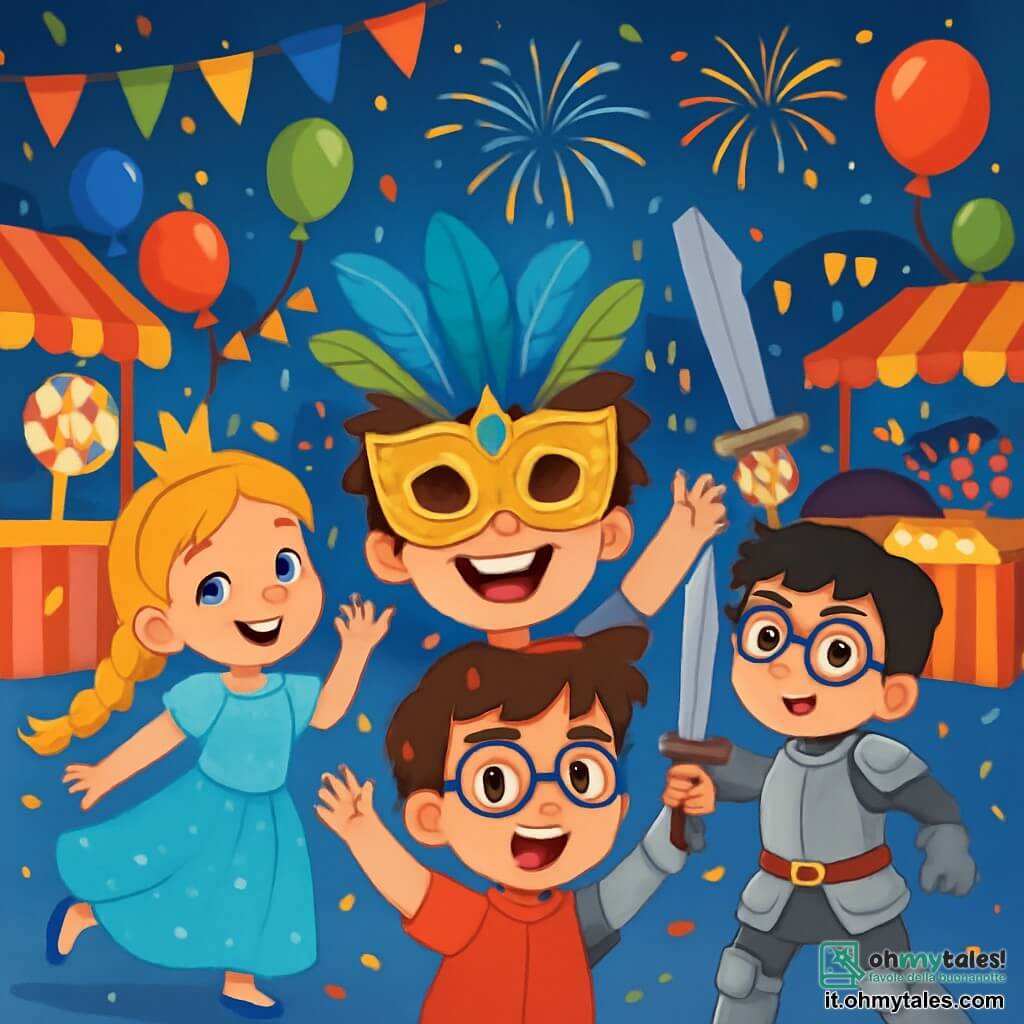 Ci sono quattro bambini: - Luca: un ragazzo di 7 anni con i capelli castani in disordine, indossa una bellissima maschera dorata decorata con piume blu e verdi. Si trova al centro, con le braccia alzate e un grande sorriso sul viso. - Giulia: una ragazza di 7 anni con lunghi capelli biondi intrecciati, vestita da principessa delle stelle con un abito scintillante e una corona. Si trova a sinistra di Luca, mentre danza gioiosamente. - Marco: un ragazzo di 7 anni con capelli neri e occhiali, vestito con un costume da cavaliere in armatura brillante. È a destra di Luca, brandendo una spada di plastica con un'aria determinata. - Elisa: una ragazza di 7 anni con capelli castani ricci, travestita da sirena con una coda scintillante. È leggermente indietro, ridendo e tenendo dei coriandoli nelle mani. Il luogo è una grande piazza animata, decorata con ghirlande colorate e palloncini fluttuanti. Ci sono stand di cibo dai colori vivaci, come bastoncini di zucchero e popcorn, che costeggiano la scena. Sullo sfondo, un grande podio brilla sotto le luci, dove bambini travestiti ballano e si divertono. La scena principale mostra i quattro amici che partecipano alla grande festa di carnevale, circondati da risate e musica, con fuochi d'artificio che esplodono nel cielo notturno, creando un'atmosfera magica e gioiosa.