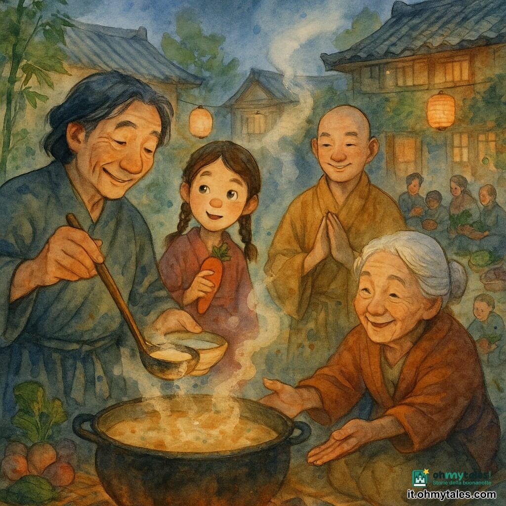 Uomo di mezza età dal volto dolce e rugoso, capelli neri brizzolati sulle spalle, sguardo sereno e sorriso, versa con una grande mestola di legno zuppa fumante in ciotole di ceramica; accanto, una vecchia donna di circa 80 anni con capelli bianchi raccolti e pelle sottile, seduta vicino al fuoco, sorride tendendo la mano verso una ciotola; una bambina di circa 8 anni con trecce brune, sguardo stupito, offre una carota in piedi accanto all’uomo vicino alla marmitta; un monaco di circa 50 anni in semplice veste ocra, testa rasata e mani giunte, sta leggermente in disparte ma vicino al gruppo; diversi paesani di tutte le età seduti su stuoie intorno a una grande pentola fumante portano ingredienti (daikon, alghe, prugne). Luogo: una piccola piazza di villaggio giapponese al crepuscolo, case di legno con tetti di tegole, lanterne di carta appese, bambù e muschio sullo sfondo, dolci volute di fumo; situazione principale: condivisione calorosa di una zuppa comune attorno al fuoco, vapore luminoso, sorrisi e gesti di generosità, atmosfera intima e conviviale, palette calda ad acquerello con texture di legno, tessuti e vapore enfatizzate.