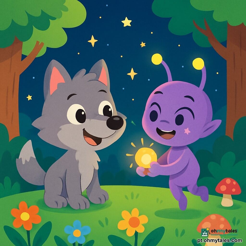 Um pequeno lobo chamado Lupo, com pelagem suave e cinza, olhos brilhantes de curiosidade, está no centro da clareira, sorrindo entusiasticamente. Ele observa uma pequena extraterrestre chamada Zara, que tem pele brilhante e roxa, antenas cintilantes e um grande sorriso amigável, flutuando levemente acima do chão. Zara segura um pequeno fotóforo luminoso em suas mãos, iluminando seu rosto com uma suave luz dourada. A clareira é cercada por árvores majestosas com folhas verdes vibrantes, e o chão está coberto de flores coloridas e cogumelos de formas estranhas. A noite é estrelada, com estrelas brilhantes cintilando no céu negro. Nesta cena mágica, Lupo e Zara riem juntos, compartilhando um momento de alegria e amizade enquanto procuram o fotóforo perdido, criando uma atmosfera de camaradagem e aventura.
