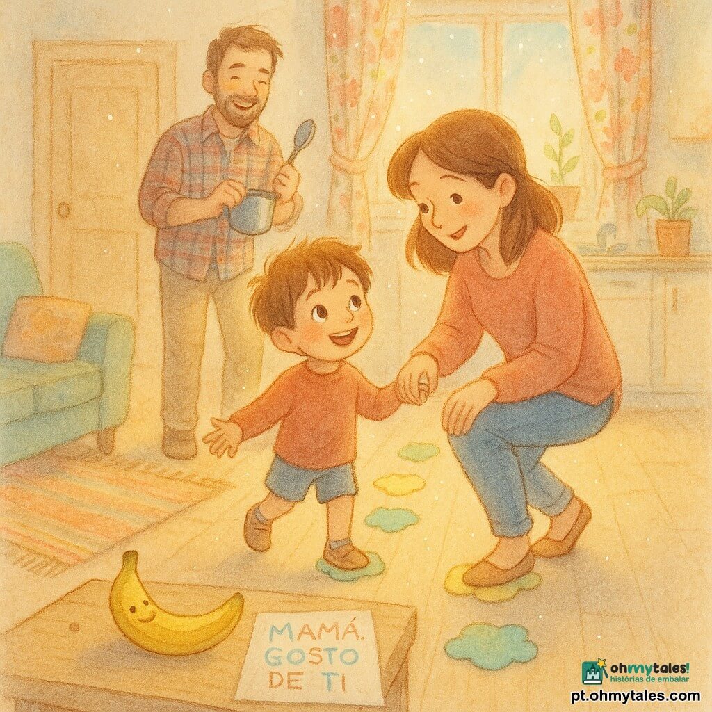 Menino de 4 anos, rosto redondo, cabelo castanho desgrenhado, olhos grandes e brilhantes, expressão feliz e orgulhosa, segura a mão da mãe e mostra um pequeno caminho de post-its coloridos no chão; a mãe, cerca de 30–35 anos, cabelos castanhos soltos, sorriso terno, joelhos ligeiramente dobrados para ficar na altura da criança, pisa num post-it em forma de nuvem; o pai, cerca de 30–35 anos, barba rala, camisa xadrez, está atrás rindo, segurando uma colher e uma panelinha para fazer barulho, pronto para aplaudir; numa mesa baixa de madeira clara, uma banana com rosto desenhado sorri ao lado de um desenho simples com "MAMÃ, GOSTO DE TI"; cena numa cozinha-sala ensolarada, chão de madeira, tapete colorido, cortina com flores, post-its amarelos, verdes e azuis colados em linha da porta até a mesa; momento caloroso e íntimo em que o menino guia a mãe por pequenas surpresas feitas à mão, atmosfera suave, cores pastéis, texturas aquarela e realces brancos cintilantes.