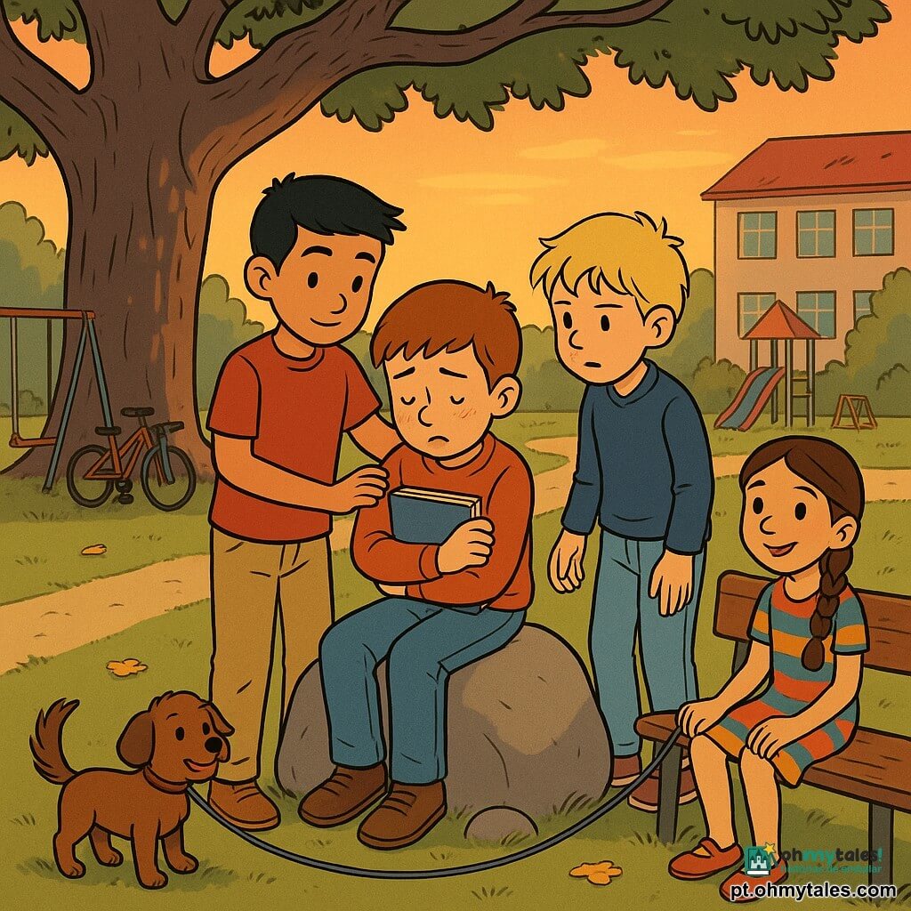 Quatro crianças: Lucas, menino de ~10 anos, rosto tímido com sardas, cabelo castanho curto, sentado no centro sobre uma pedra segurando um caderno de desenhos no colo e olhando para o chão; Miguel, menino de ~10 anos, pele levemente bronzeada, cabelo preto curto, em pé à esquerda de Lucas com a mão no ombro dele, expressão calma e protetora; Pedro, menino de ~10 anos, cabelo loiro despenteado, em pé à direita de Lucas, sério e inclinado para ouvi‑lo; Sofia, menina de ~10 anos, cabelos longos trançados, vestido colorido, sentada num banco atrás da pedra à direita, sorrindo e segurando a guia de um pequeno cão castanho que abana o rabo. Cena num parque escolar ao crepúsculo sob um grande carvalho, balanços e bicicletas encostados, gramado com folhas amarelas e caminho de cascalho; momento de apoio emocional: Lucas desabafa, Miguel conforta com a mão no ombro, Pedro ouve atento, Sofia observa com empatia; luz quente do pôr do sol, sombras longas, cores suaves e composição centrada na pedra e no caderno de desenhos.