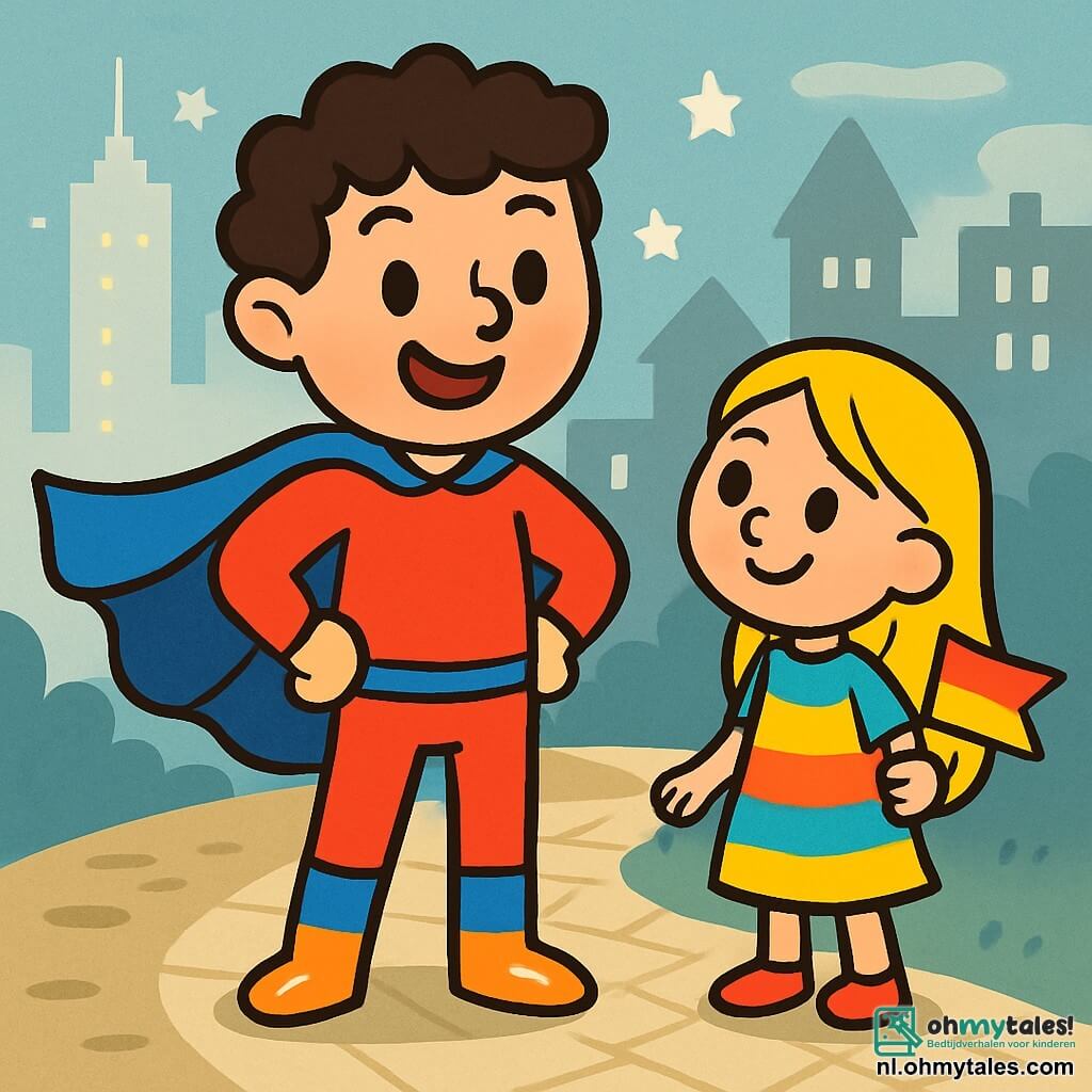 Een man genaamd Sam, met een flonkerende blauwe cape en glanzende schoenen, staat in het midden van het podium, zijn gezicht straalt enthousiasme en vastberadenheid uit. Zijn haar is zacht en krullend, en hij glimlacht breed, klaar om de dag te redden. Naast hem staat een klein meisje van 7 jaar, genaamd Lila, met lang blond haar, ze draagt een kleurrijke jurk en kijkt Sam bewonderend aan, terwijl ze een kleine vlag met felle kleuren vasthoudt. Op de achtergrond een levendige stad met glinsterende torens en geplaveide straten, waar de kleuren vervagen en een mysterieuze sfeer creëren. De belangrijkste situatie toont Sam en Lila die zich voorbereiden om op avontuur te gaan om de verdwenen kleuren terug te vinden, met sprankelende ogen vol opwinding en nieuwsgierigheid.