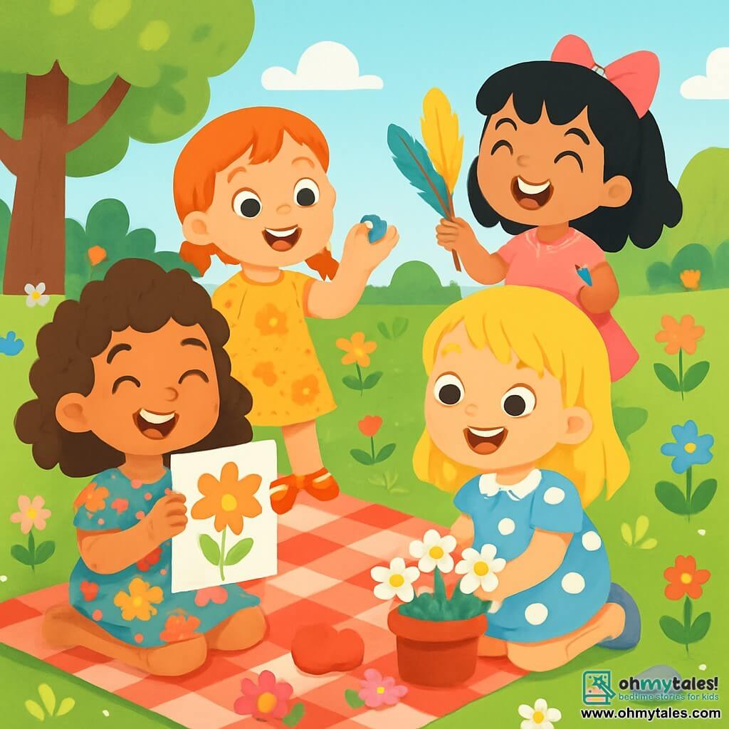 There are 4 children: Milly, a 7-year-old girl with curly brown hair, wearing a colorful floral dress, sitting on a picnic blanket, smiling and holding a handmade drawing; Rosie, a 6-year-old girl with red hair in braids, dressed in a yellow dress with sun patterns, standing next to Milly holding a shiny pebble; Tessa, a 7-year-old girl with straight blonde hair in a polka dot dress, crouching near a small pot of white flowers, her eyes sparkling with joy; and Lila, a 6-year-old girl with black hair and a large pink bow, wearing a pink dress, standing in the background holding colorful feathers and smiling broadly. The scene takes place in a sunny garden filled with colorful flowers, lush trees, and a clear blue sky. A large picnic blanket is spread on the soft grass, surrounded by small hidden treasures like shiny stones and flowers. The main situation shows the children laughing and playing together, celebrating Mother's Day with a joyful treasure hunt, where each child discovers a small gift for Milly's mom.