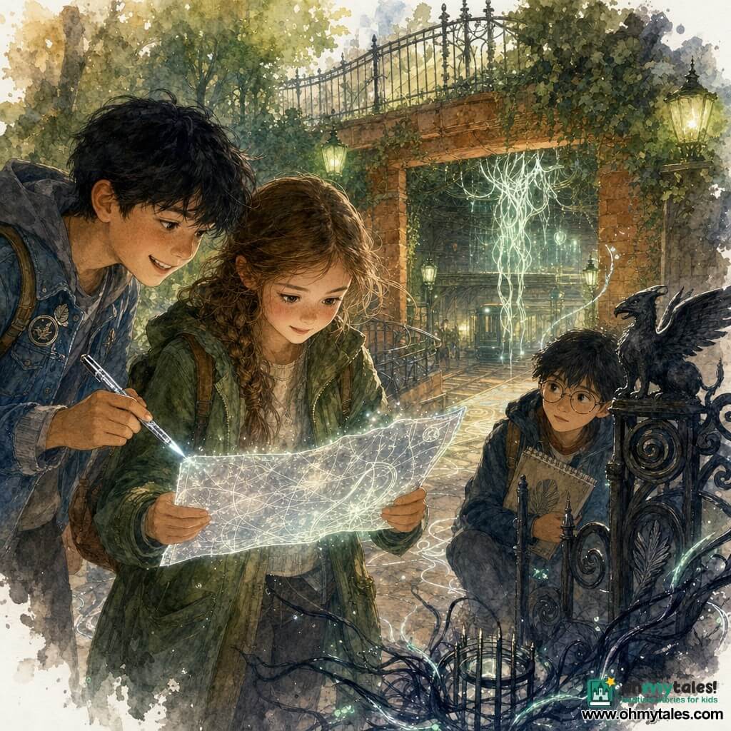 Three children: Mara, 11, light brown hair in a braid, wearing a khaki coat, stands center holding a glittering silver map; Ash, 12, short black hair, mischievous smile, denim jacket with badges, holds a shiny pen, slightly left and leaning toward the map; Jun, 12, straight black hair, round glasses, sketchbook under his arm, crouches right by a small iron gate. They stand at the brick station house entrance beneath a walled public garden with a tall black iron grille decorated with griffin, spiral and feather motifs; a stair descends to a warm, dim platform with terracotta walls, luminescent roots hanging like chandeliers, and a paved floor patterned with silver lines. Urban-fantasy lighting: soft green lamps, ivy on the ironwork and postered walls. The children discover a secret station called "Loomline" and use the glowing magical map to create a new passage named "Griffin Green"; the map emits silver light, a small iron grate rises to shelter them, and dark threatening threads are repelled by silver and green glows—focus on Mara's hands and the bright map, Ash and Jun watching intently.