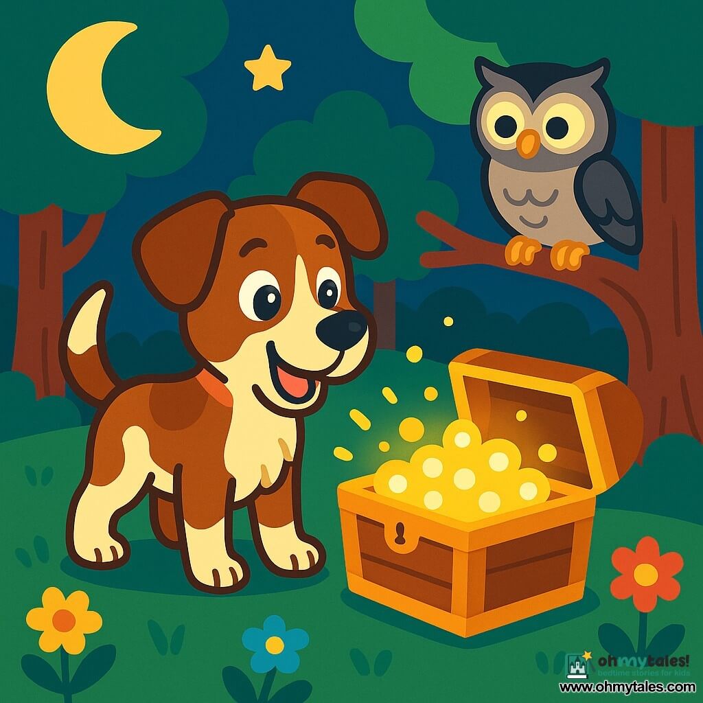 A dog named Charlie, with brown fur and white spots, stands at the center of the scene, his eyes shining with excitement and his tail wagging. He gazes in wonder at a sparkling chest filled with glowing orbs, his ears perked up and his expression full of curiosity. Next to him, a wise owl with gray feathers and large round eyes perches on a tree branch, observing the scene with a benevolent look, ready to share his wisdom with Charlie. The setting is an enchanted clearing surrounded by majestic trees with thick trunks and vibrant green leaves, while colorful flowers dance in the breeze. The moonlight illuminates the scene, creating a magical and peaceful atmosphere. Charlie discovers the treasure hidden in the chest, amazed by the lights that shine and illuminate his face, symbolizing the true wealth of friendship and kindness.