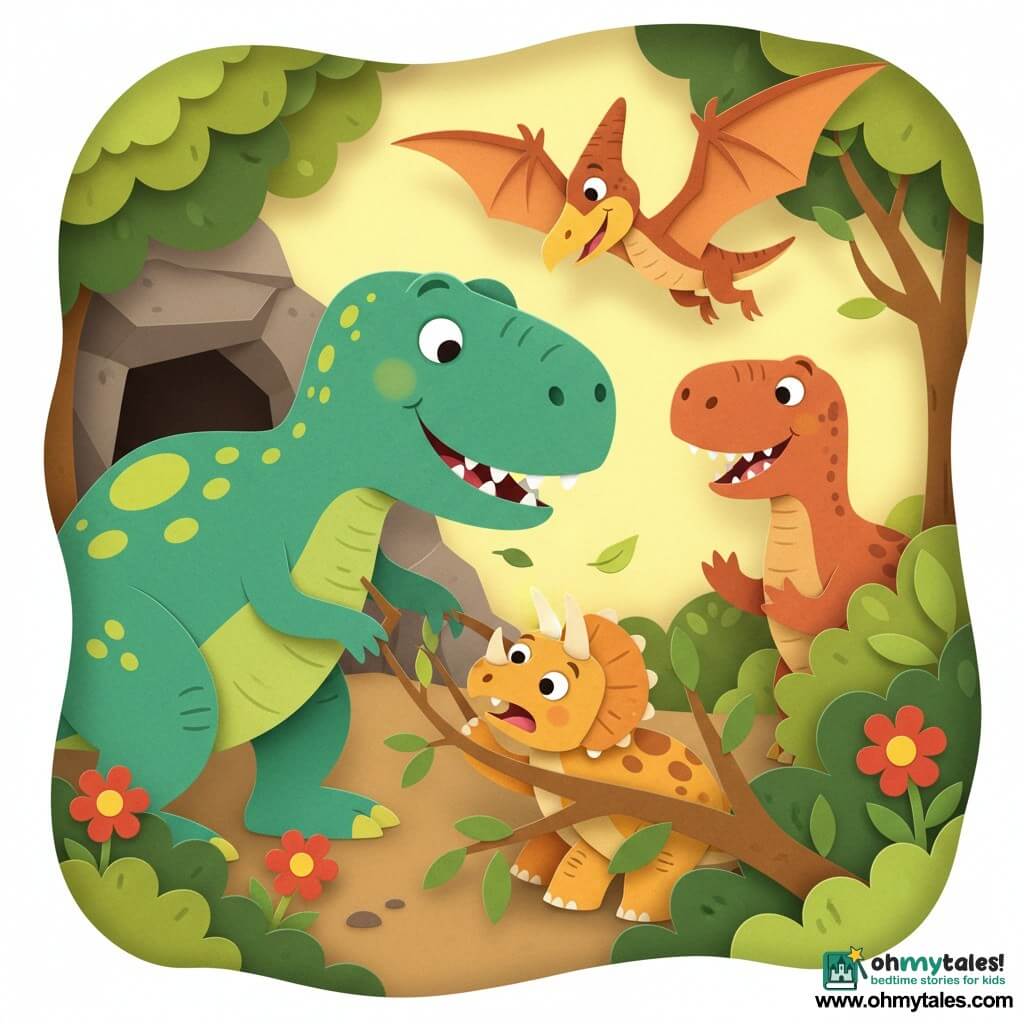 A friendly emerald-green T. rex with yellow spots and a gentle smile leans protectively forward, tugging branches with rounded teeth to free a small ochre, short-horned Triceratops trapped in a bush and reaching out relieved; a brown-edged pterodactyl hovers above, tilting its head to help, while a larger rust-colored Allosaurus waits smiling by a dark cave entrance; the sunny clearing is bordered by green bushes and stylized red flowers, with warm light, paper-cut layered textures, bright contrasting colors, clear outlines and simple expressive shapes suited for toddlers.