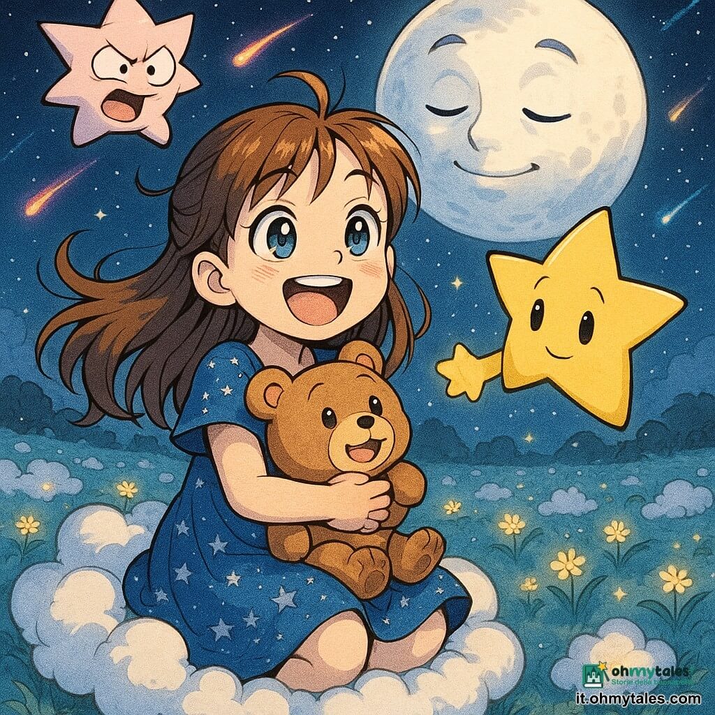Una bambina di 8 anni, gioiosa e meravigliata, sorride con grandi occhi brillanti; indossa un vestito blu punteggiato di piccole stelle argentate e stringe al petto il suo orsacchiotto marrone Brillo. Luma, una stella-guida dorata dall'aspetto gentile, fluttua alla sua destra tendendo una mano luminosa; Ziggy, una stellina rosa pallido e birichina, fa smorfie saltellando sopra la sua testa. Dietro di loro una grande luna benevola diffonde una luce argentata su un prato di nuvole soffici costellato di fiori luminosi e un cielo notturno profondo con comete colorate; la bambina è seduta su una nuvola bianca ridendo mentre Ziggy fa il buffone e Luma la guida.