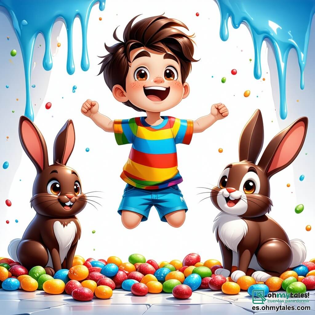 Un niño de 8 años, llamado Pablo, con cabello castaño desordenado y ojos llenos de curiosidad, está en el centro de la escena, riendo a carcajadas. Lleva una camiseta a rayas colorida y un short azul, y salta alegremente sobre un suelo de chicles multicolores. Junto a él, Choco, un adorable conejo de chocolate, tiene orejas largas y derretidas, y una gran sonrisa de chocolate. Baila sobre sus patas traseras, añadiendo un toque de magia a la escena. Al fondo, la ciudad de los pasteles es un verdadero festival de colores: casas de galleta con techos de chocolate, árboles de piruleta y nubes de algodón de azúcar flotan en un cielo azul brillante. La situación principal muestra a Pablo y Choco participando en un concurso de baile con gomitas de colores que rebotan alegremente a su alrededor, creando un ambiente festivo y lúdico, lleno de risas y dulzura.
