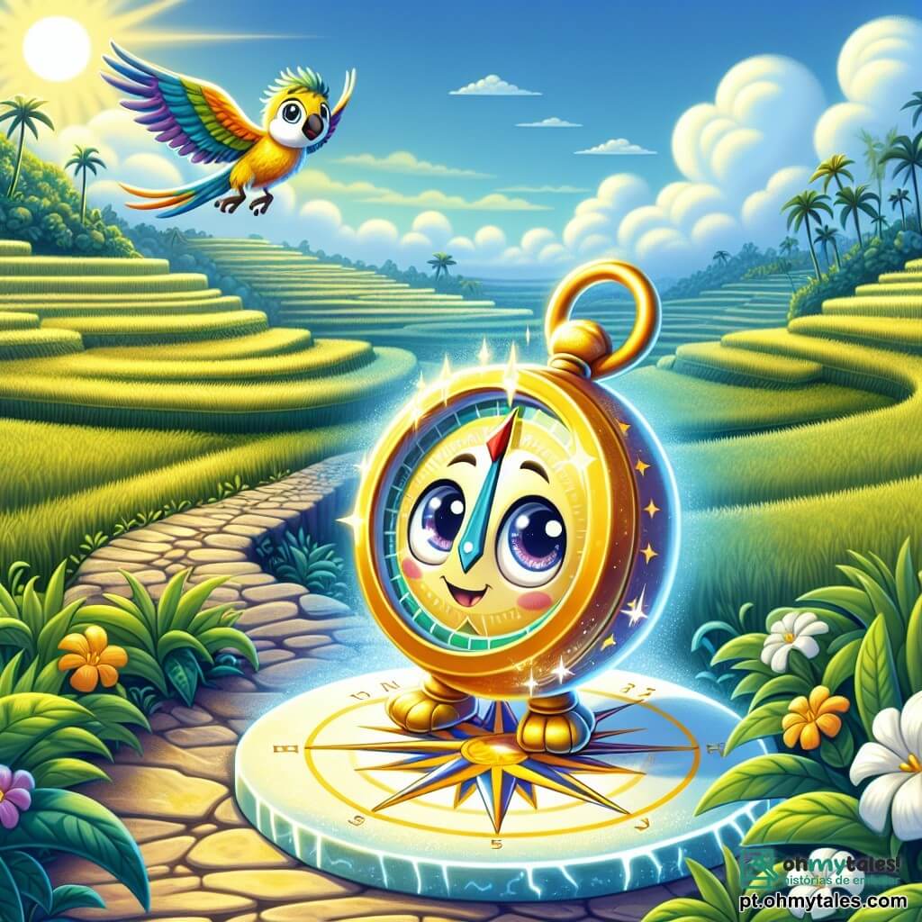 Em primeiro plano, uma pequena bússola chamada Brilha, com um rosto sorridente e olhos brilhantes, está sobre uma pedra cintilante, com as agulhas de sua bússola girando com entusiasmo. Seu corpo é dourado e reluzente, parecendo cheia de energia, pronta para explorar o mundo. Ao seu lado, um papagaio colorido chamado Azul, com penas vibrantes de azul, verde e amarelo, voa alegremente no ar. Ele tem um olhar curioso e brincalhão, mostrando o caminho para Brilha, com as asas abertas, flutuando levemente acima dela. O cenário é uma magnífica plantação de arroz em Bali, com campos em terraços verdes que se estendem até onde a vista alcança, banhados pela luz dourada do sol. Flores de jasmim de cores vibrantes margeiam o caminho, e um céu azul claro com algumas nuvens brancas acrescenta à beleza da paisagem. A cena principal mostra Brilha e Azul descobrindo uma pedra adornada com um símbolo de sol, cercada por uma vegetação luxuriante. Eles estão prestes a revelar um segredo antigo, com os rostos iluminados pela excitação e curiosidade da aventura que os aguarda.