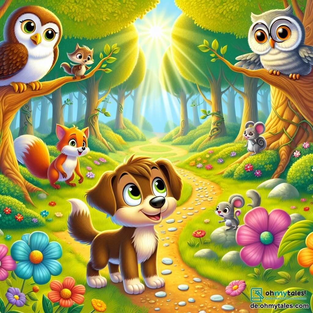 Ein fröhlicher Hund mit braunem Fell und funkelnden Augen, namens Bello, steht entschlossen und neugierig im Zentrum einer sonnigen Lichtung. Neben ihm beobachtet eine weise Eule mit weichen Federn und runden Brillen, Emma, aufmerksam den Weg. Ein schelmisches Eichhörnchen, Fips, mit einem buschigen Schwanz und einem schelmischen Lächeln, klettert auf einen Ast direkt über Bello, bereit zu springen. Eine kleine Maus, Lilli, mit grauem Fell und glänzenden Augen, versteckt sich hinter einer bunten Blume und schaut besorgt. Die Lichtung ist von majestätischen Bäumen mit leuchtend grünen Blättern umgeben, und der Boden ist mit bunten Blumen übersät. In der Ferne teilt sich ein geheimnisvoller Weg in drei Richtungen, jede gesäumt von dichten Büschen und funkelnden Steinen. Bello und seine Freunde stehen vor dieser Gabelung, bereit, ihren Weg zu wählen, um den verschwundenen magischen Fluss zu finden, mit Ausdrücken von Entschlossenheit und Aufregung auf ihren Gesichtern.